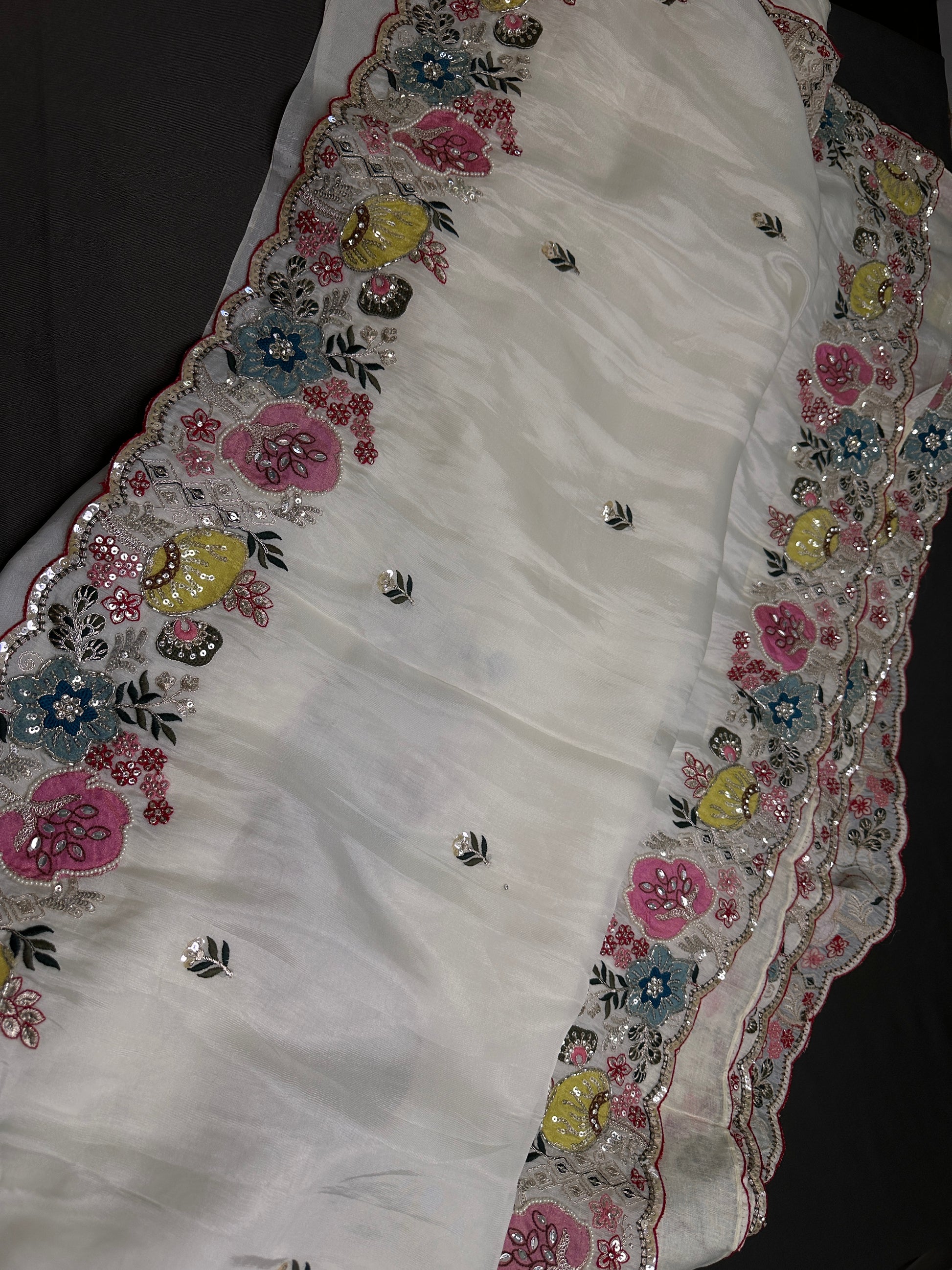 Designer Tissue Organza White Saree with Pearl Embroidery - 