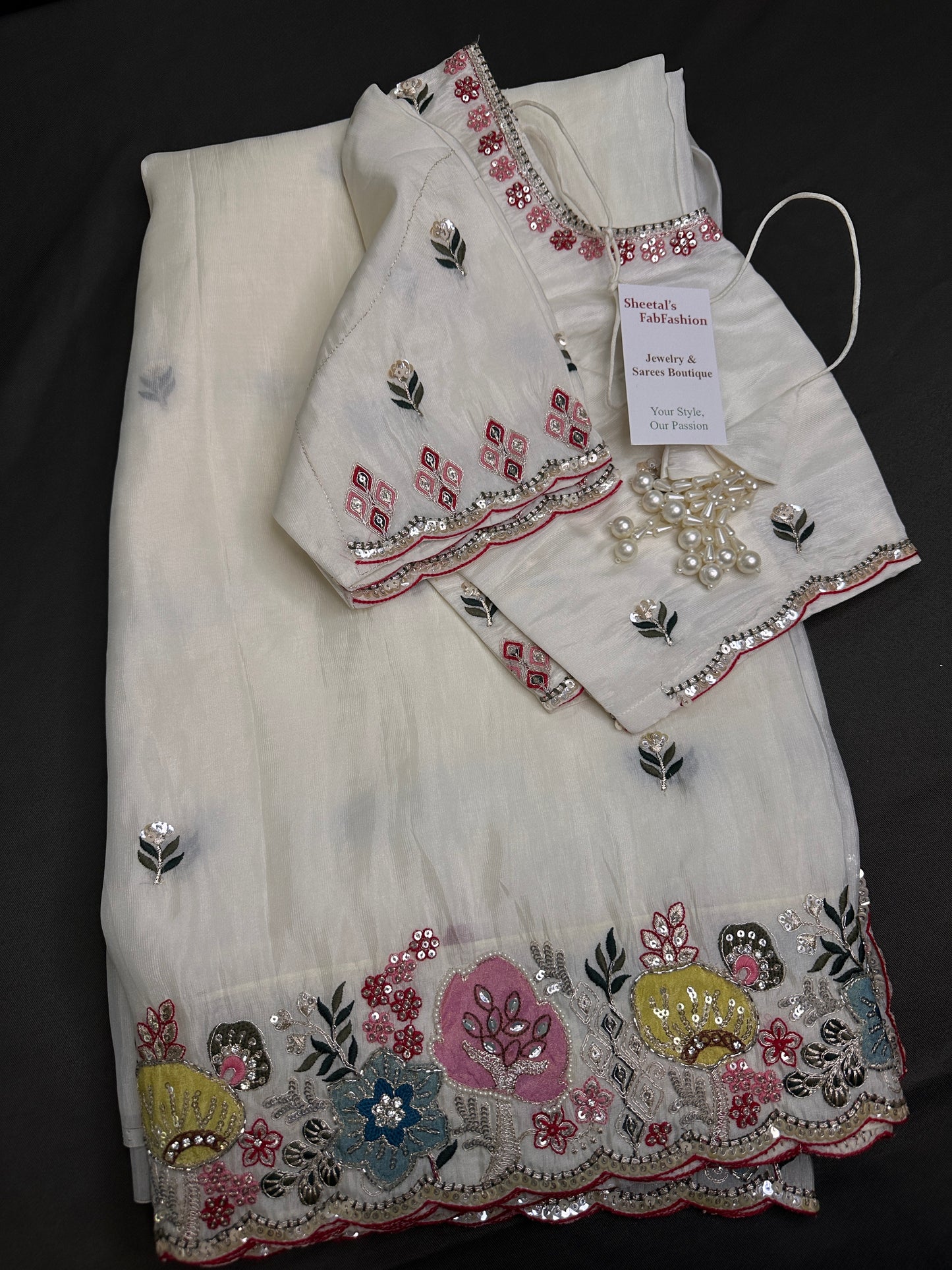 Designer Tissue Organza White Saree with Pearl Embroidery - 