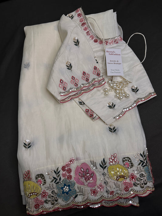 Designer Tissue Organza White Saree with Pearl Embroidery - 