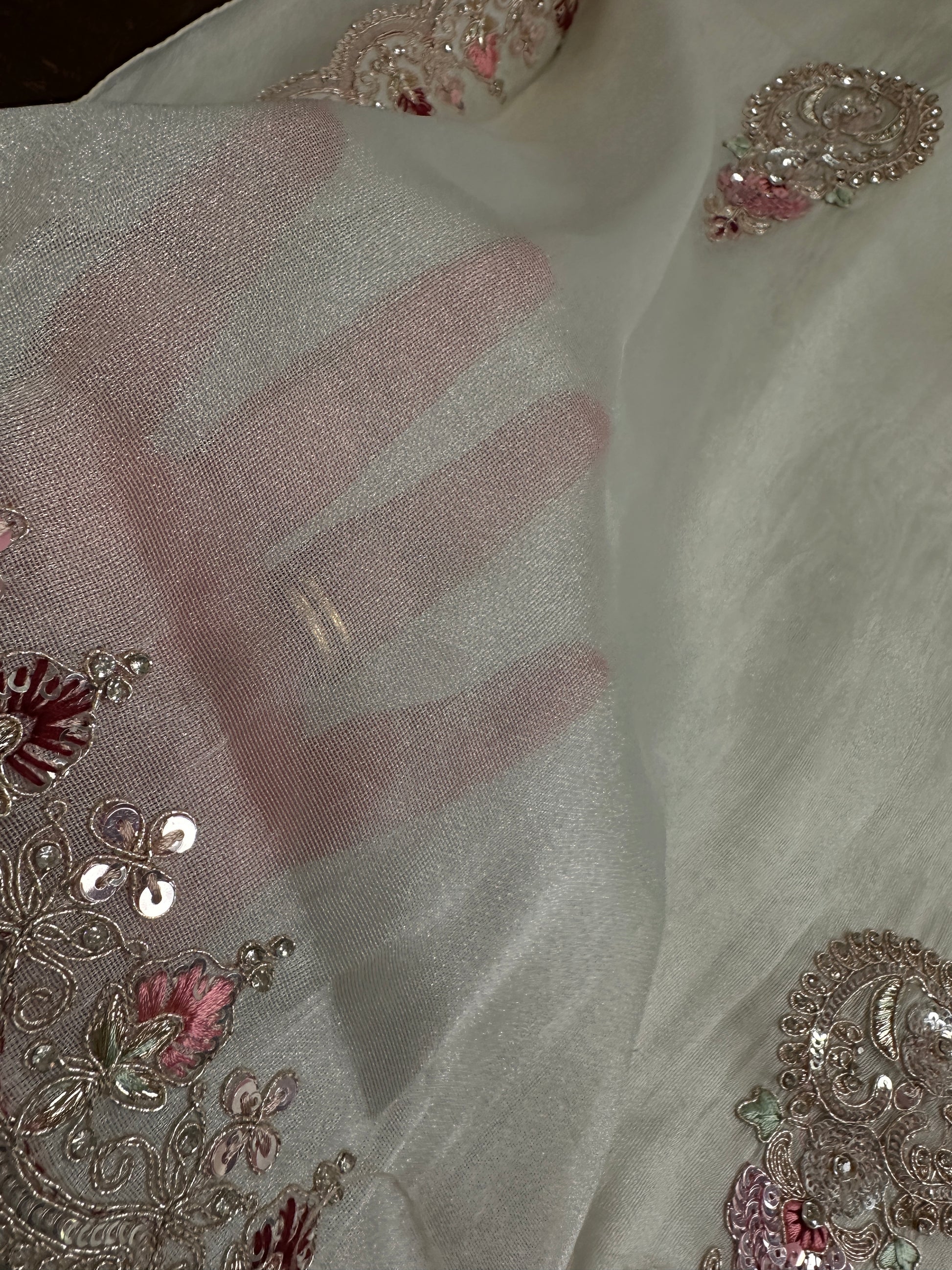Designer Tissue Organza White Hand  Embroidery Saree - 