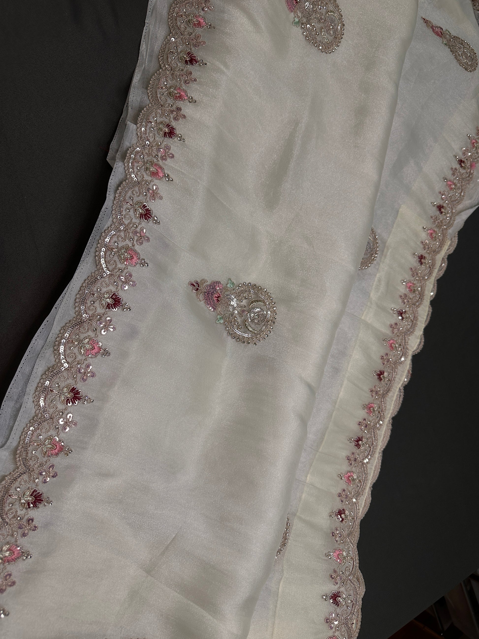 Designer Tissue Organza White Hand  Embroidery Saree - 