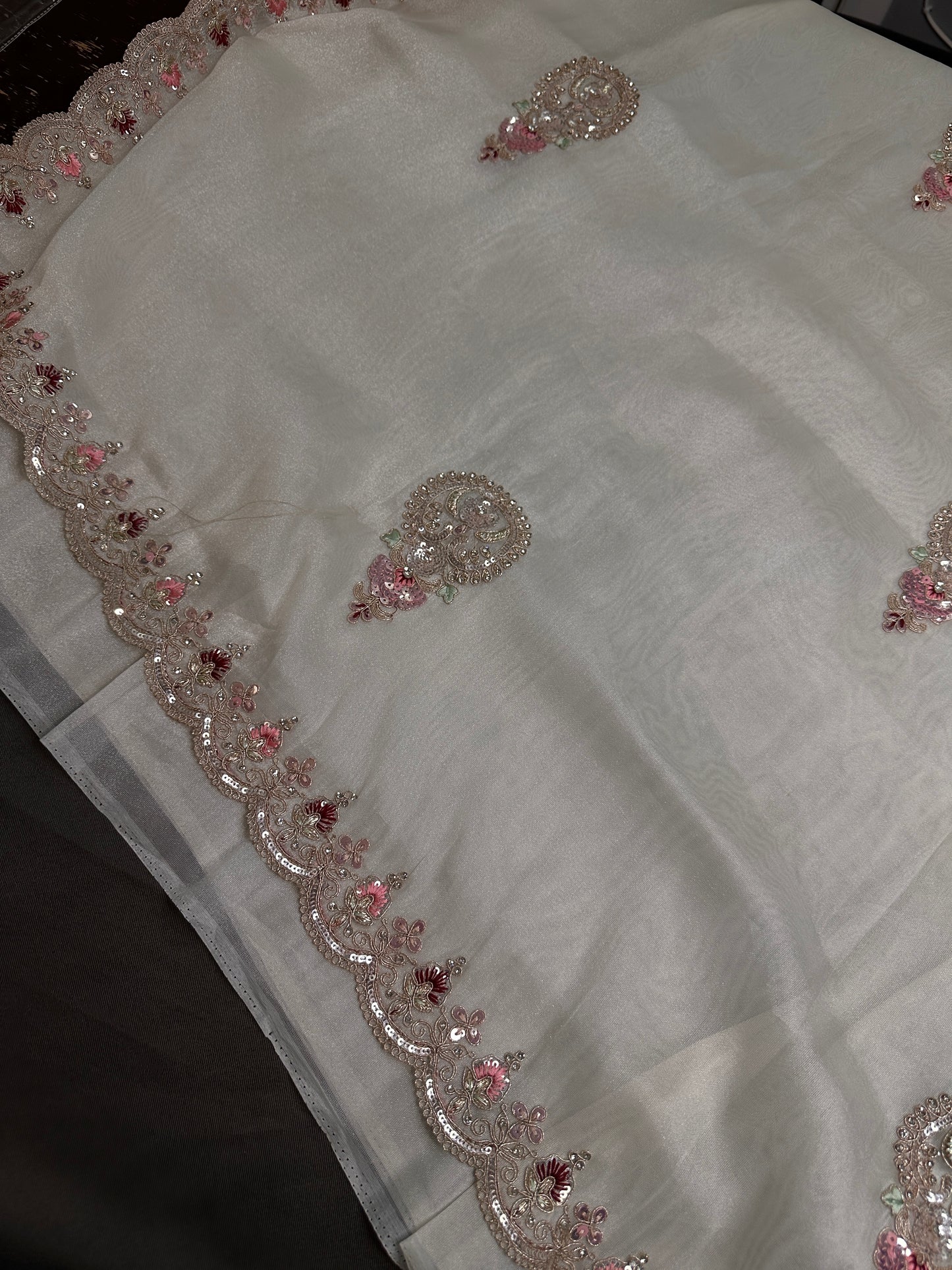 Designer Tissue Organza White Hand  Embroidery Saree - 
