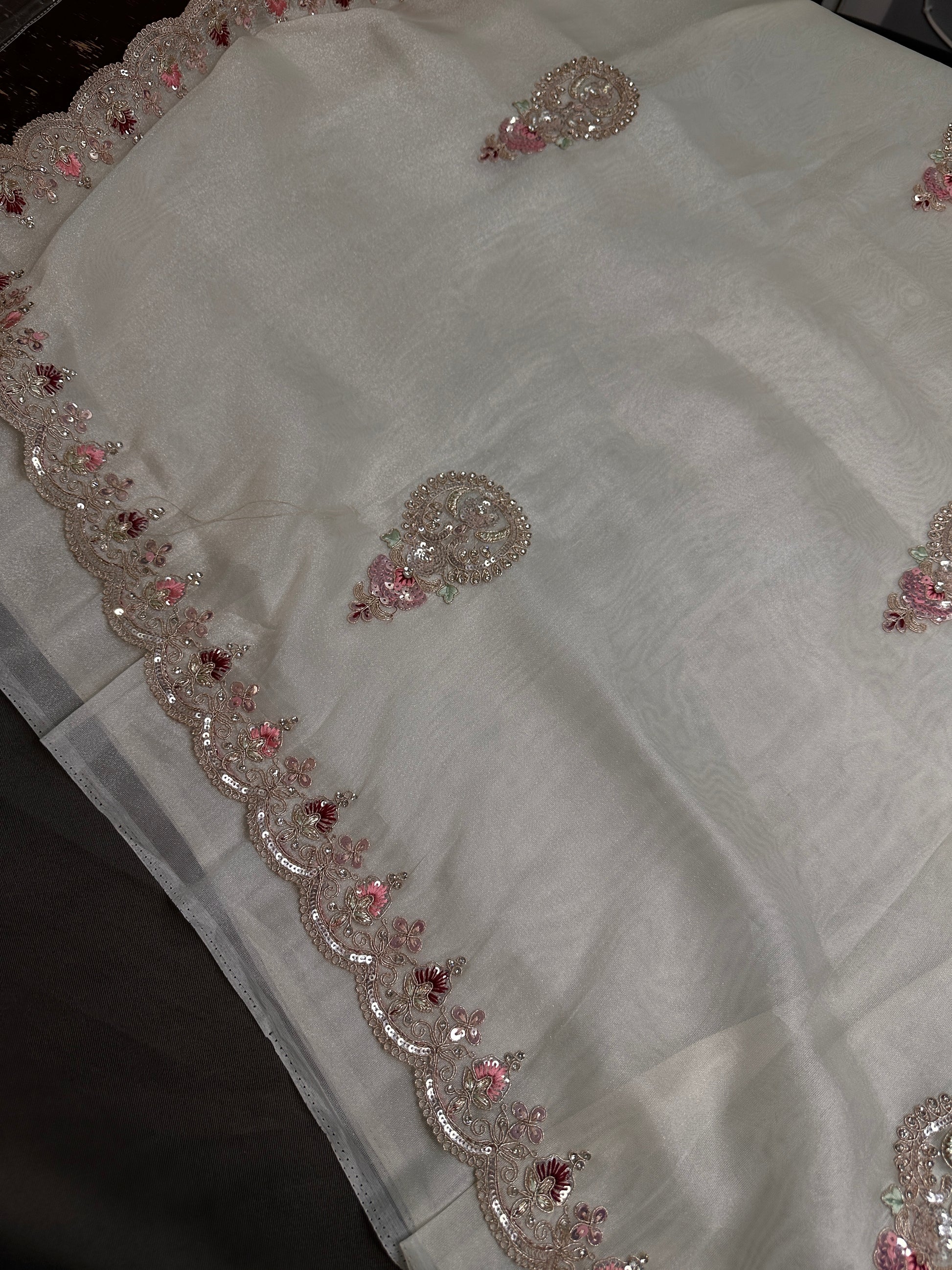 Designer Tissue Organza White Hand  Embroidery Saree - 
