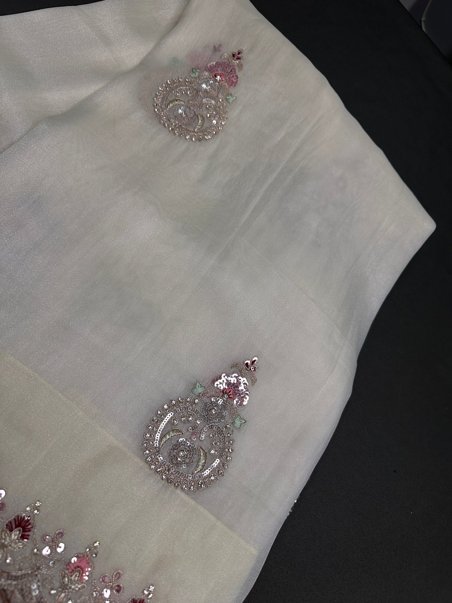 Designer Tissue Organza White Hand  Embroidery Saree - 