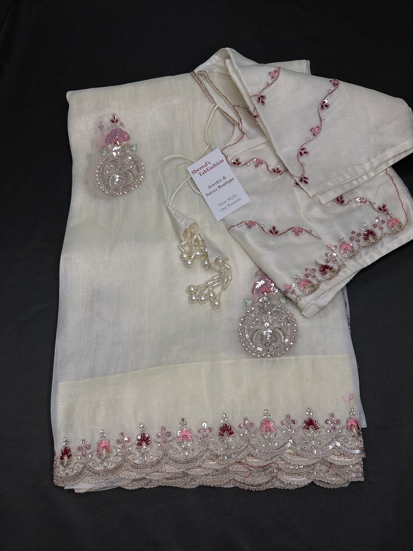 Designer Tissue Organza White Hand  Embroidery Saree - 