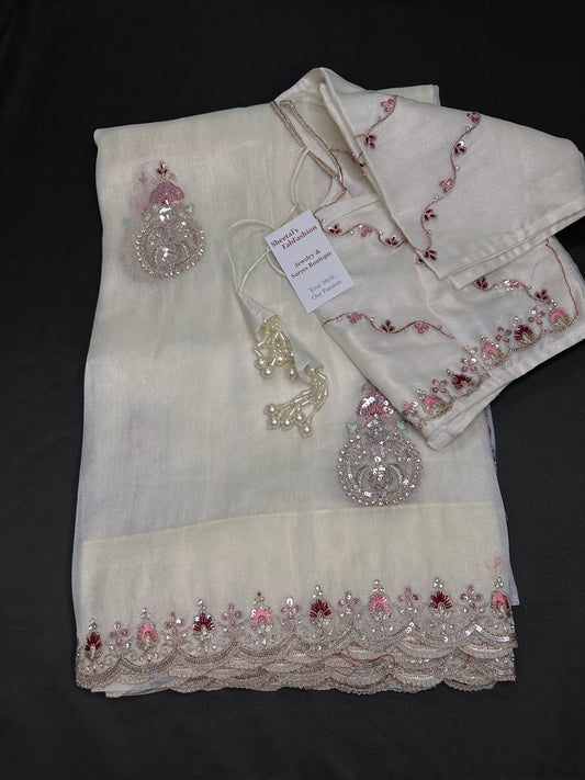 Designer Tissue Organza White Hand  Embroidery Saree - 