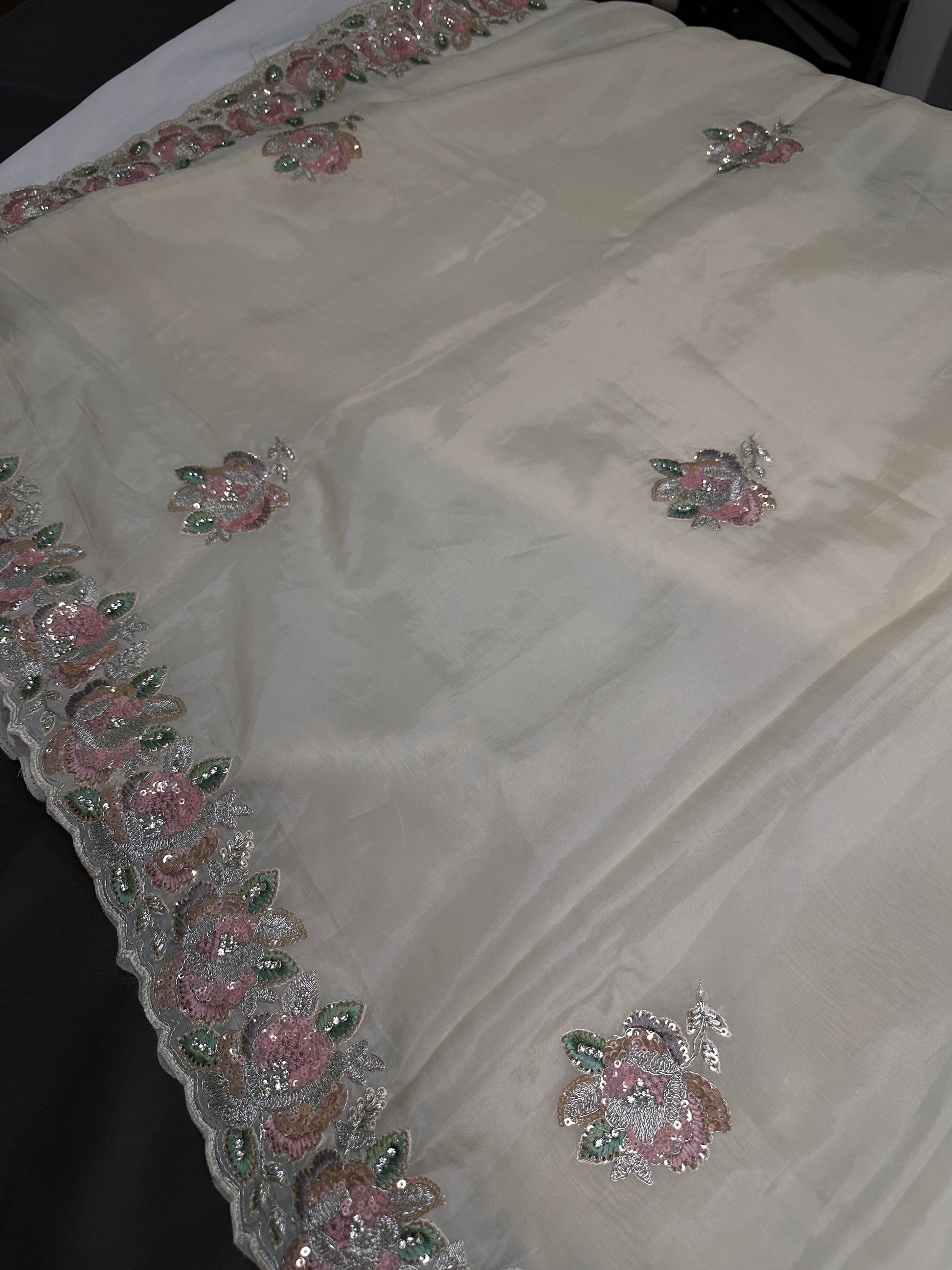 Designer Tissue Organza White Embroidery Sequence Saree - 
