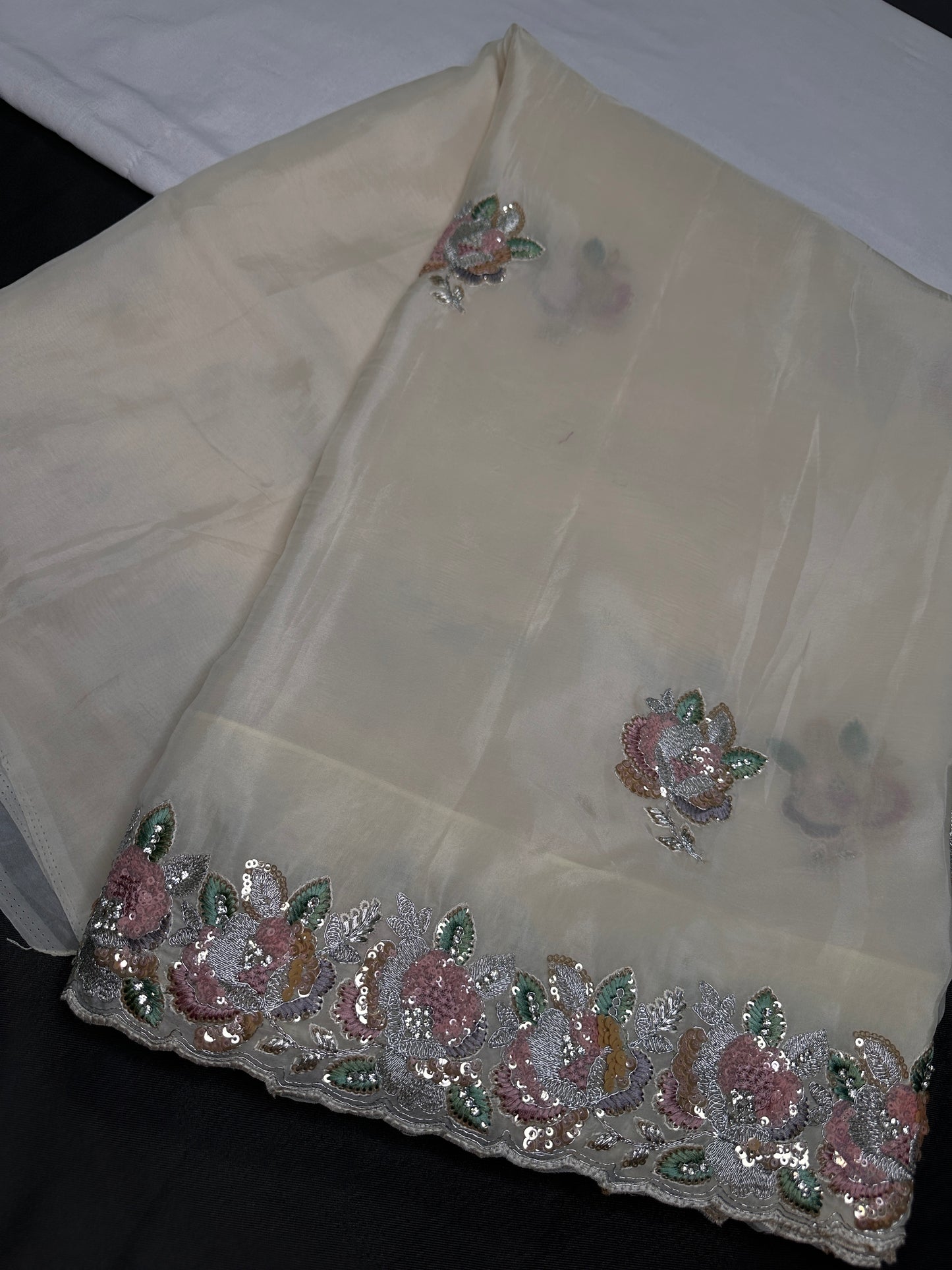 Designer Tissue Organza White Embroidery Sequence Saree - 