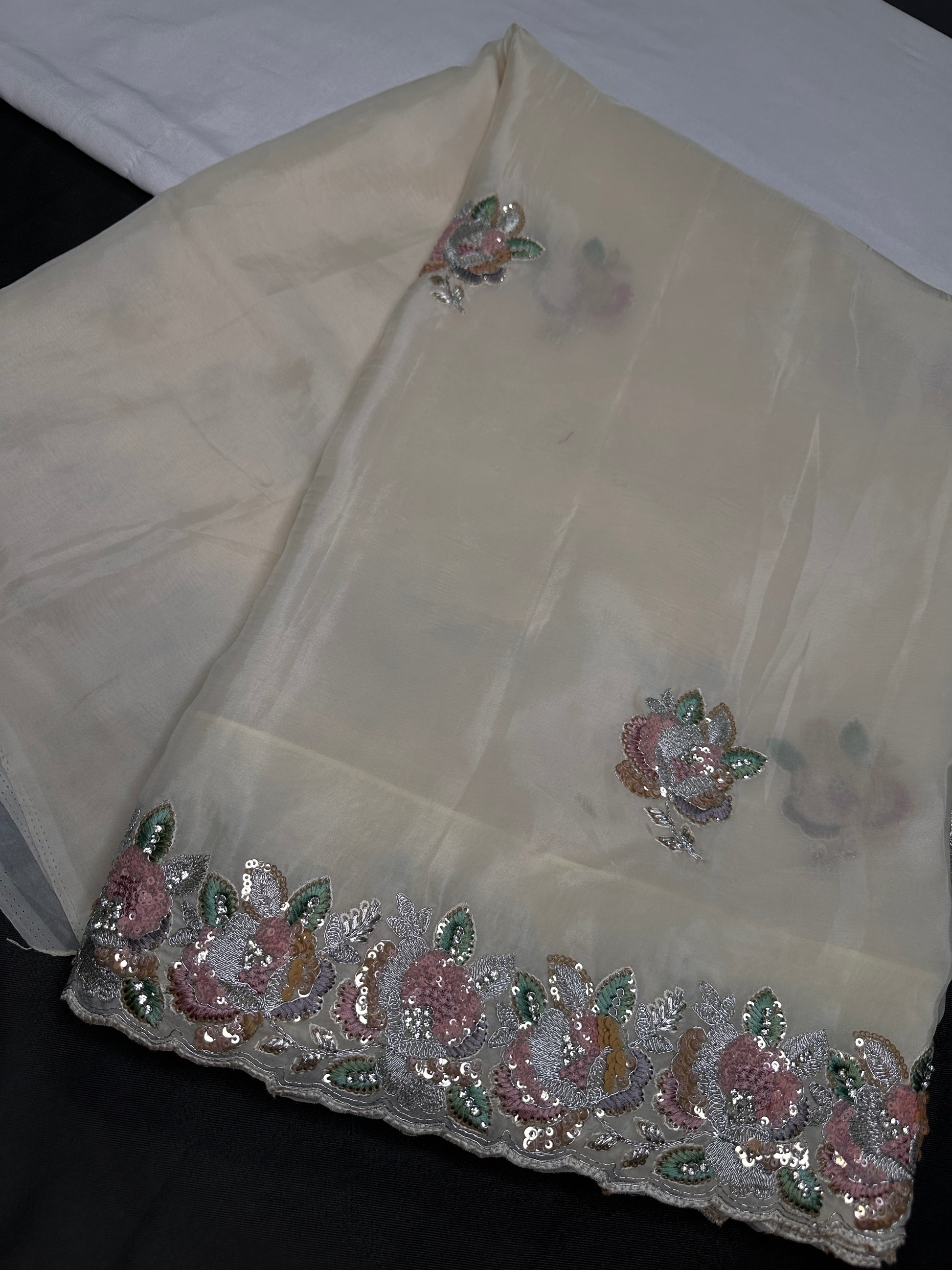 Designer Tissue Organza White Embroidery Sequence Saree - 