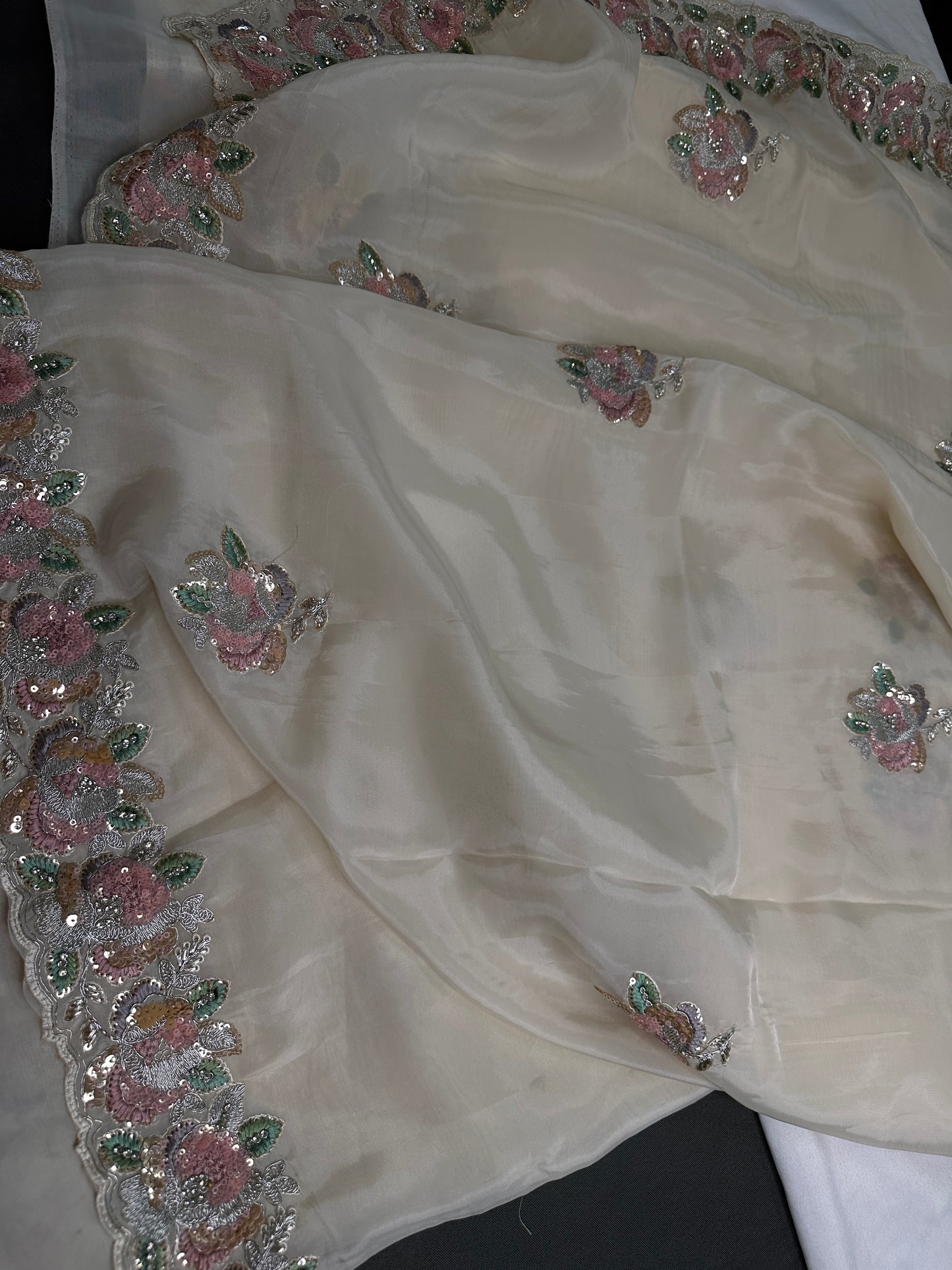 Designer Tissue Organza White Embroidery Sequence Saree - 