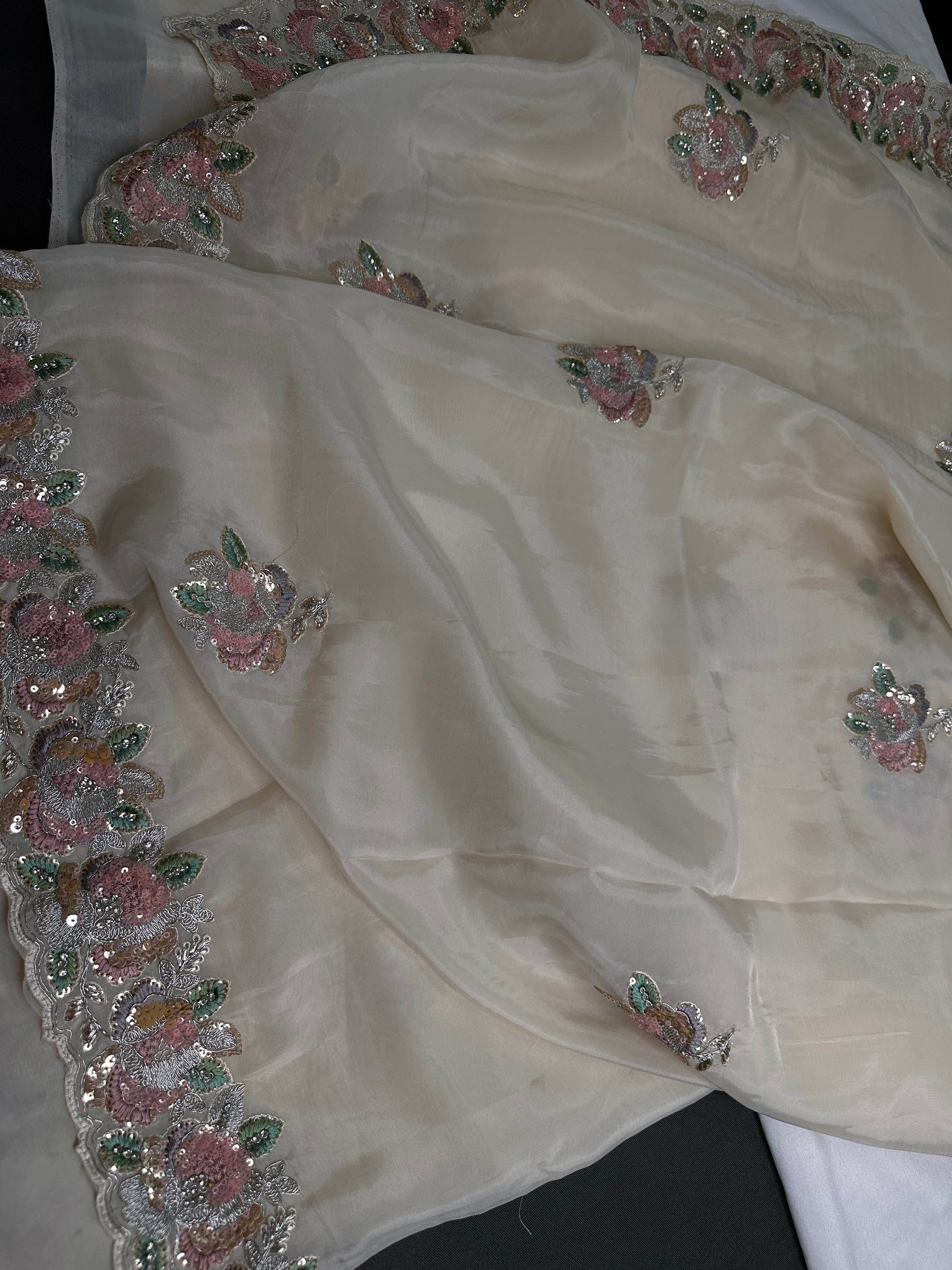 Designer Tissue Organza White Embroidery Sequence Saree - 