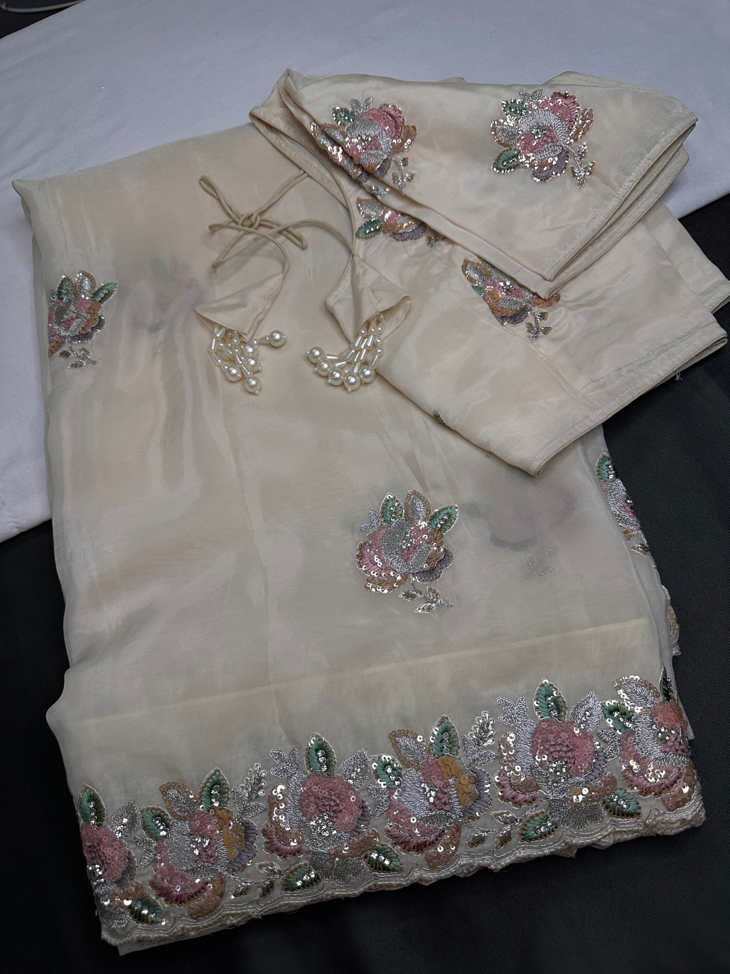Designer Tissue Organza White Embroidery Sequence Saree - 