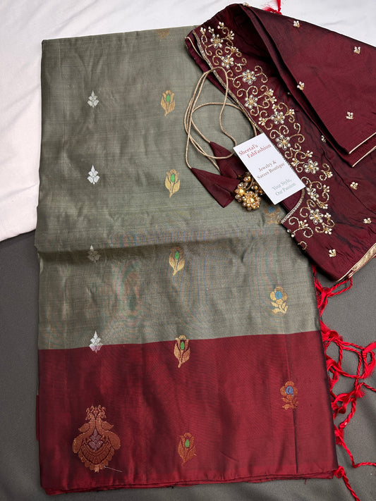 Grey Red Kanchi Handloom Pure Silk  Saree - 
