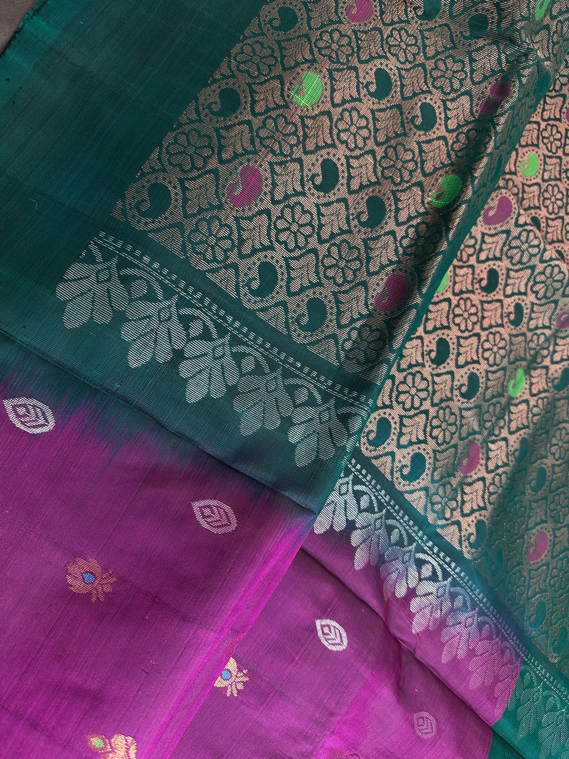 Purple Green Kanchi Handloom Pure Silk  Saree - 