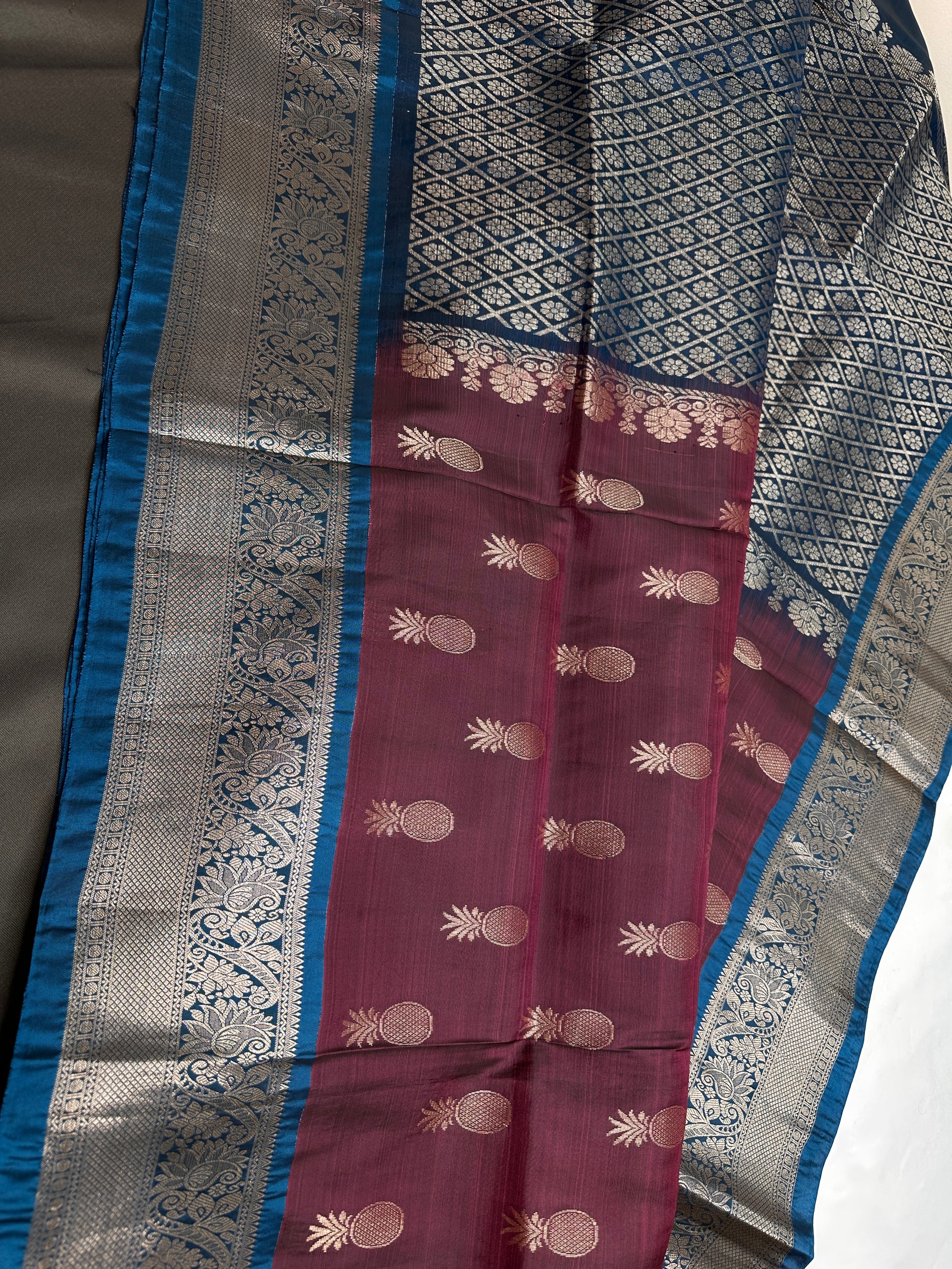 Plum Blue Light Weight Kanchi Soft Handloom Silk  Saree - 