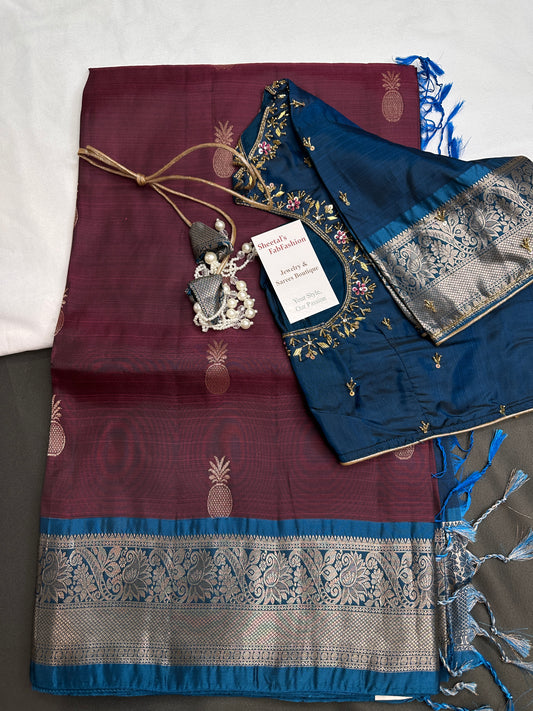 Plum Blue Light Weight Kanchi Soft Handloom Silk  Saree - 