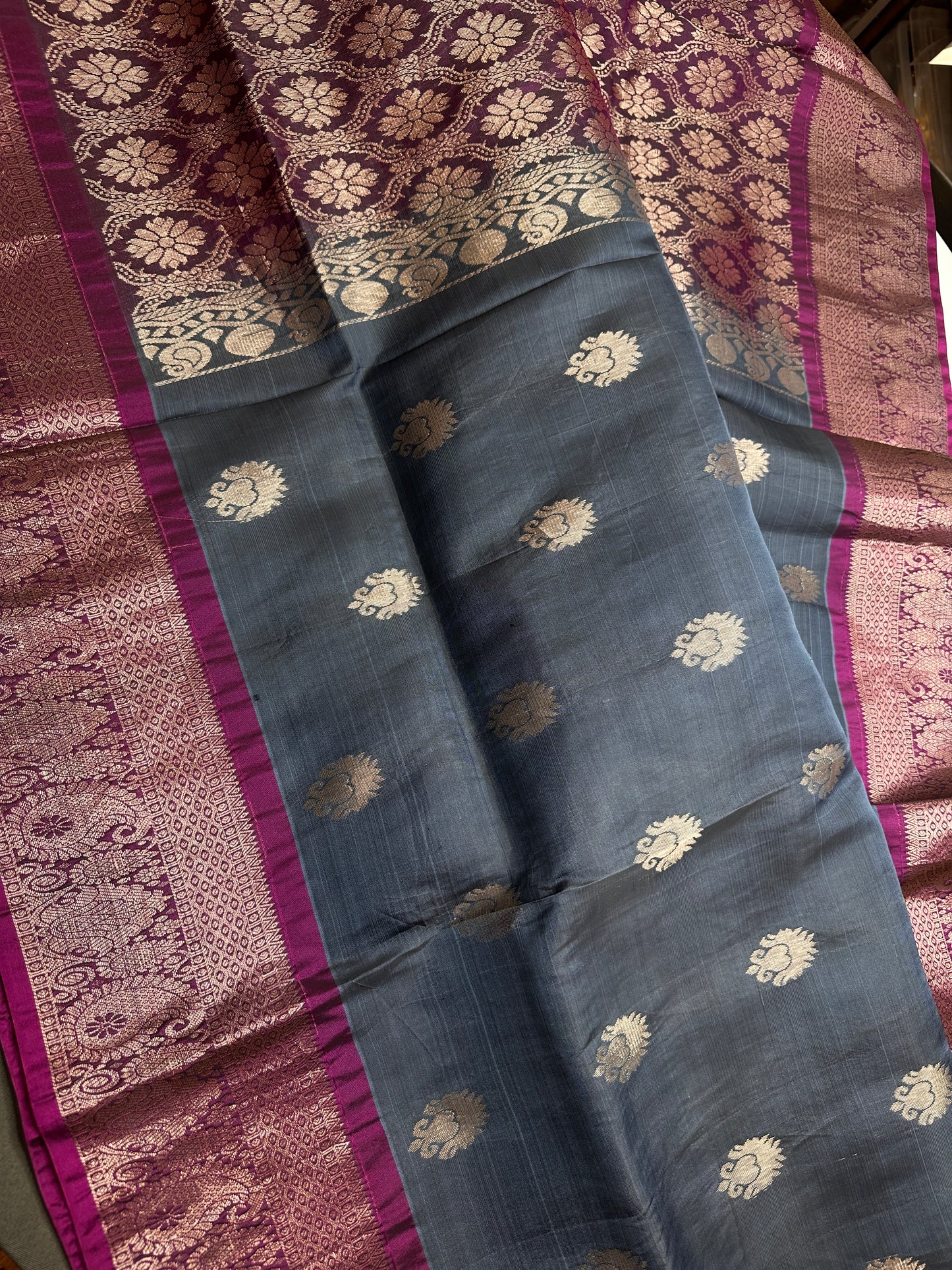 Grey Magenta Light Weight Kanchi Soft Handloom Silk  Saree - 