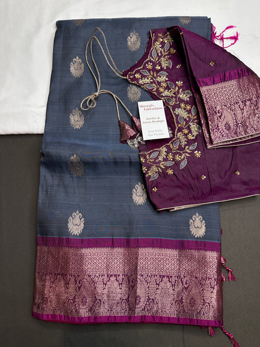 Grey Magenta Light Weight Kanchi Soft Handloom Silk  Saree - 