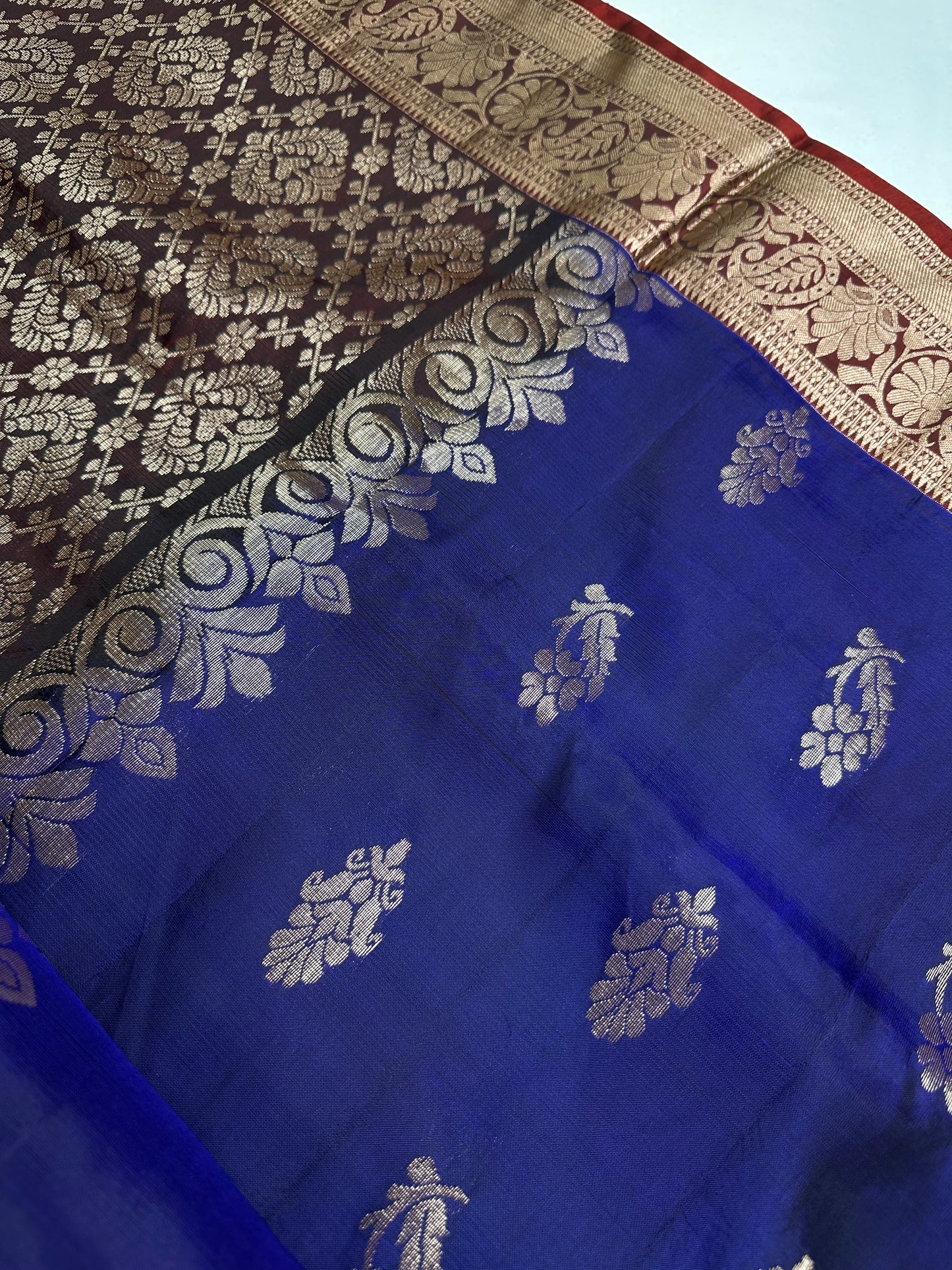 Blue Maroon Light Weight Kanchi Soft Handloom Silk  Saree - 