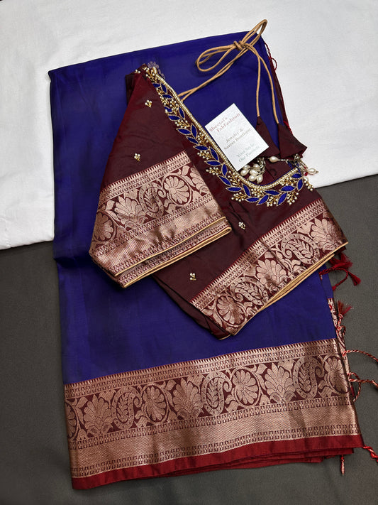 Blue Maroon Light Weight Kanchi Soft Handloom Silk  Saree - 