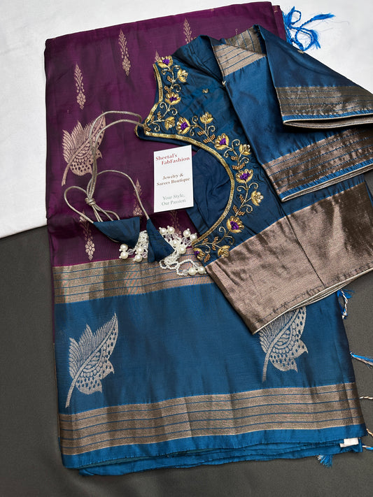 Purple Blue Light Weight Kanchi Soft Silk  Saree - 