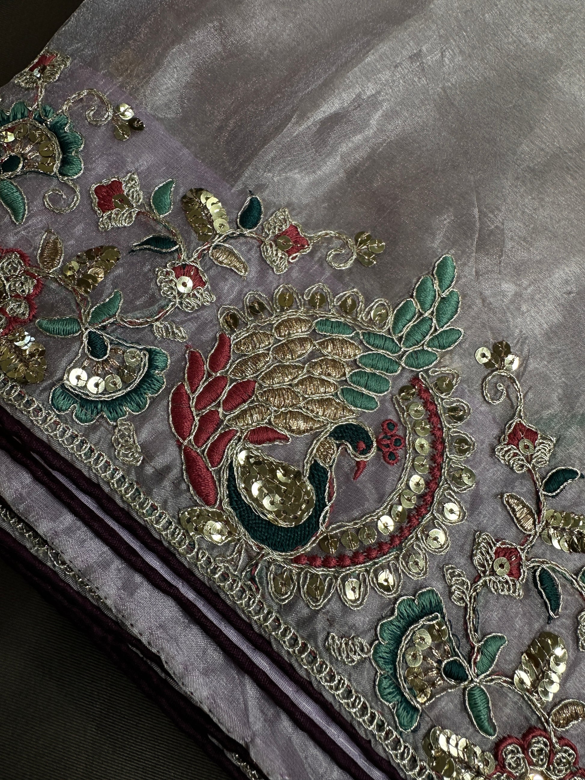 Designer Tissue Organza Lavender Purple  Embroidery Saree - 
