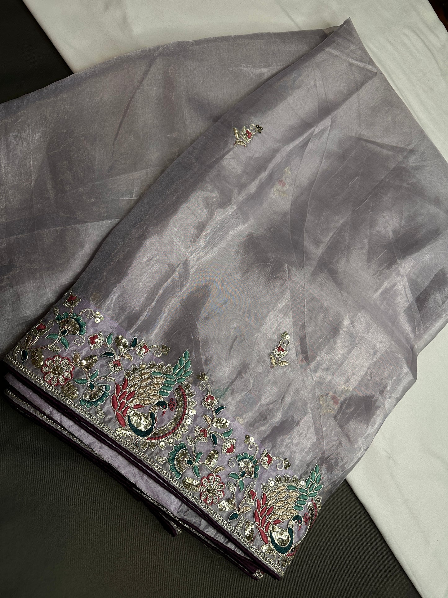 Designer Tissue Organza Lavender Purple  Embroidery Saree - 