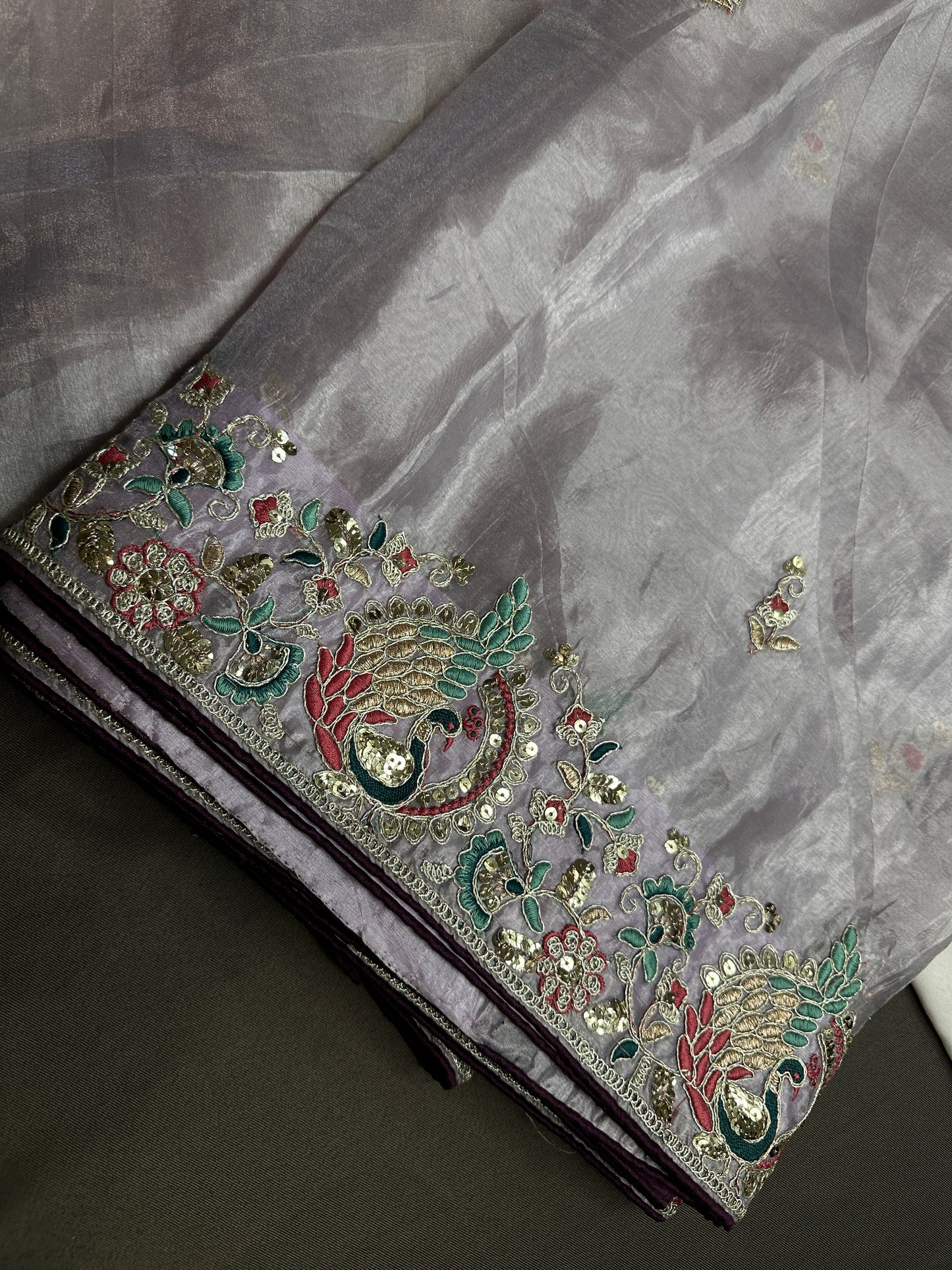 Designer Tissue Organza Lavender Purple  Embroidery Saree - 