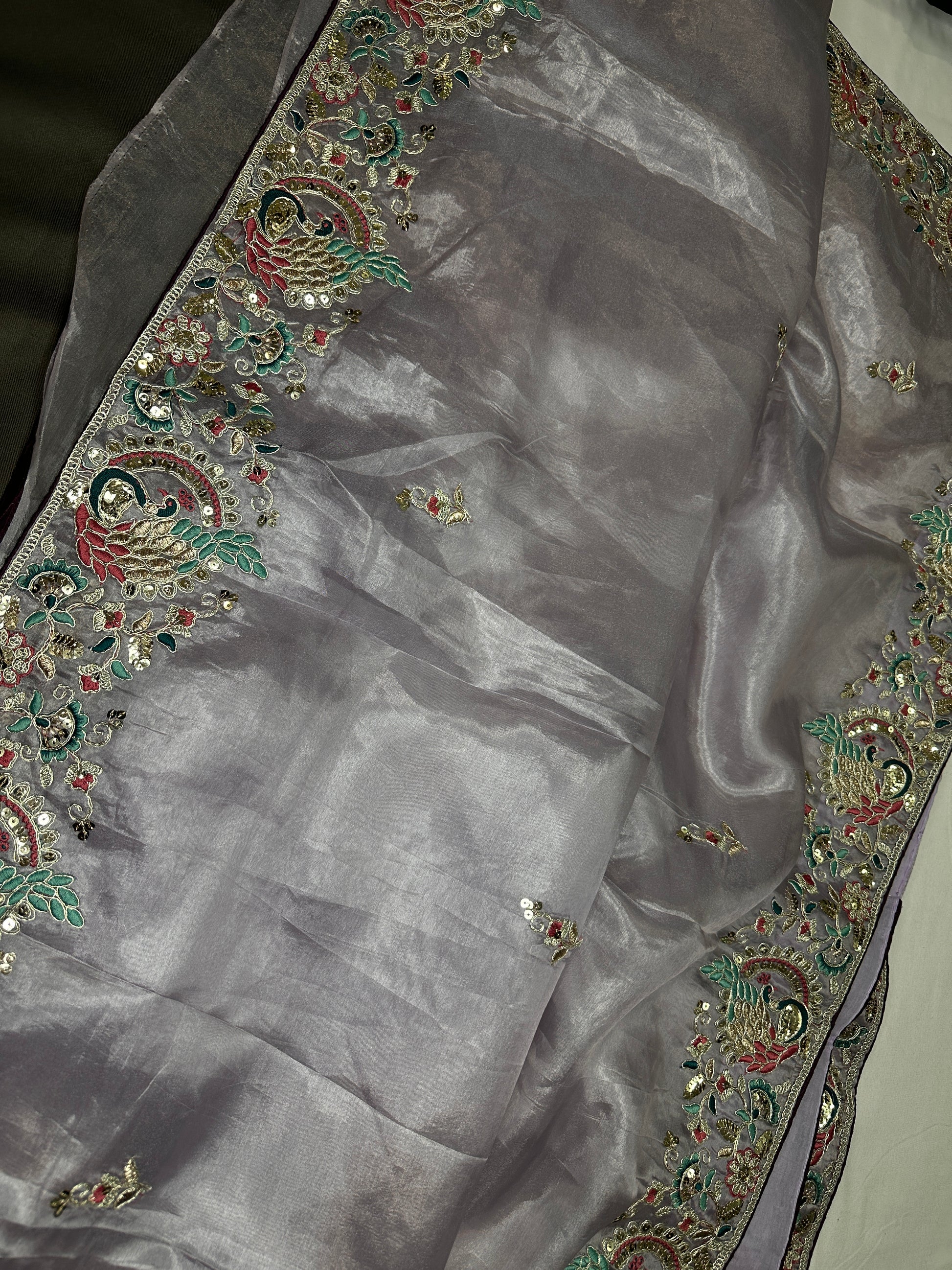 Designer Tissue Organza Lavender Purple  Embroidery Saree - 