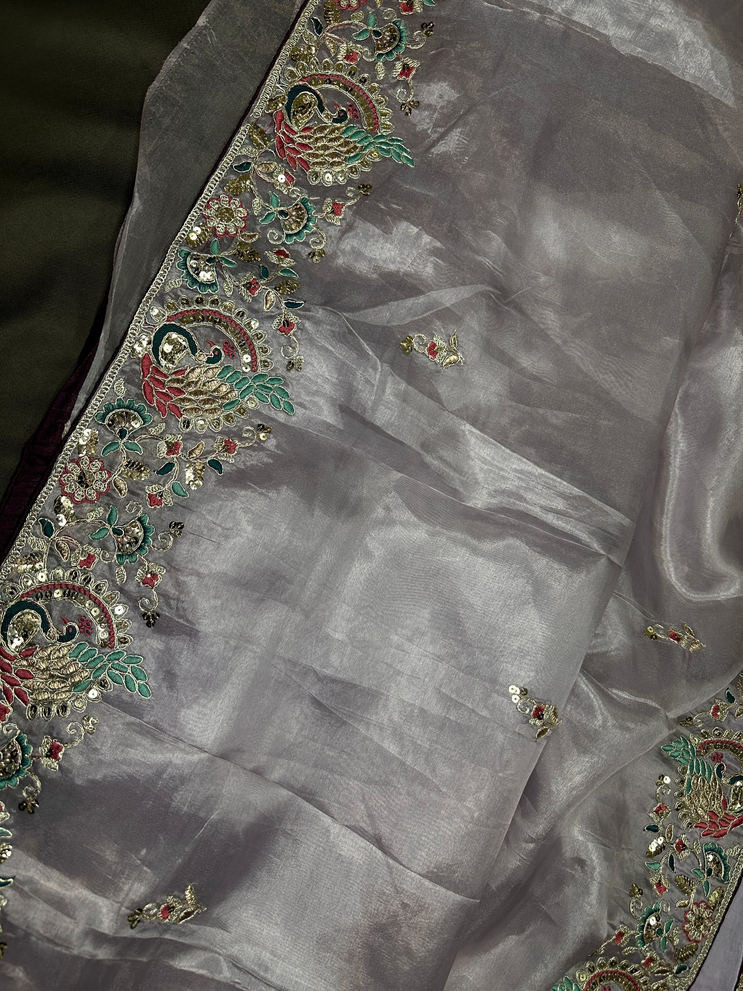 Designer Tissue Organza Lavender Purple  Embroidery Saree - 