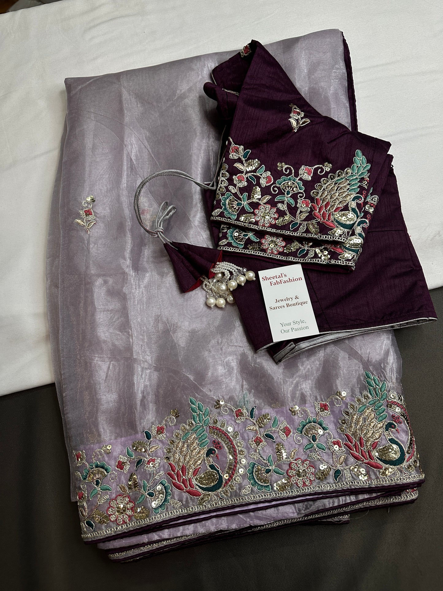 Designer Tissue Organza Lavender Purple  Embroidery Saree - 