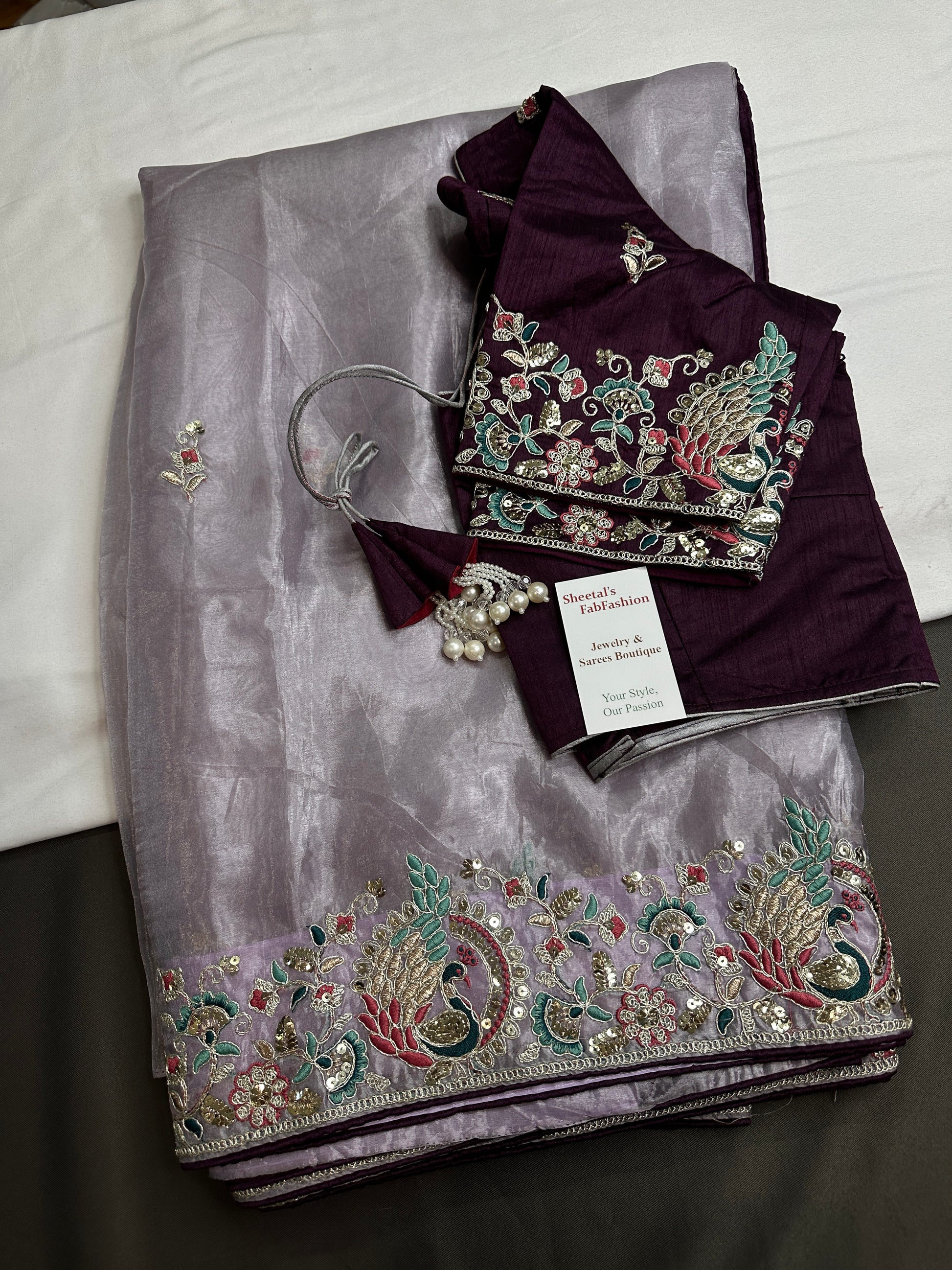 Designer Tissue Organza Lavender Purple  Embroidery Saree - 