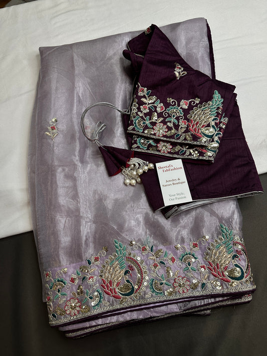 Designer Tissue Organza Lavender Purple  Embroidery Saree - 