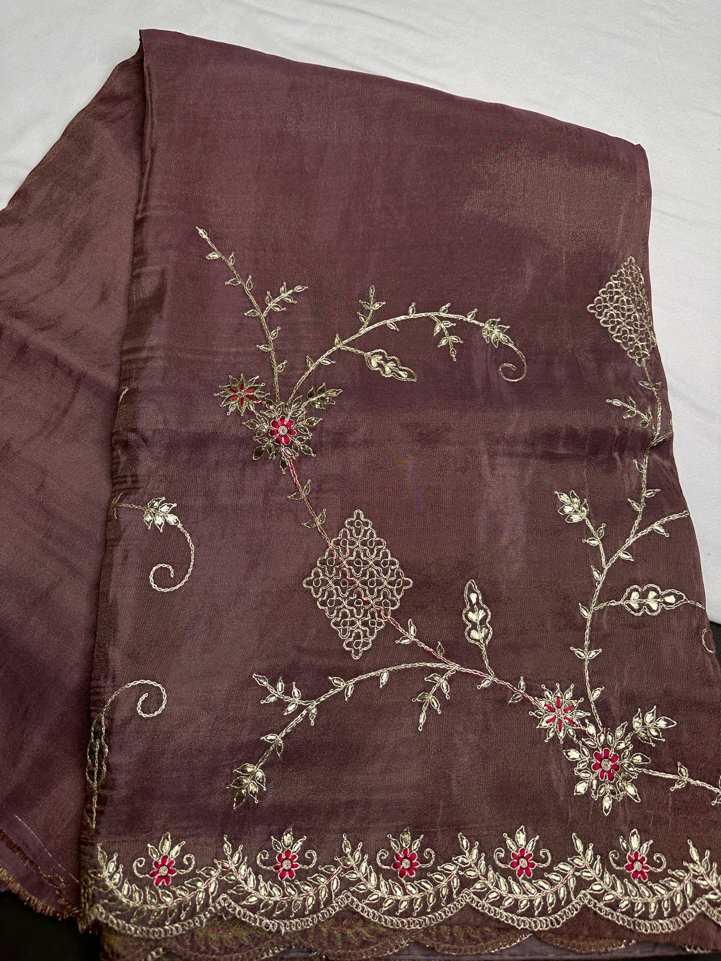 Designer Tissue Dusty Rose Embroidery Gottapatti Saree - 