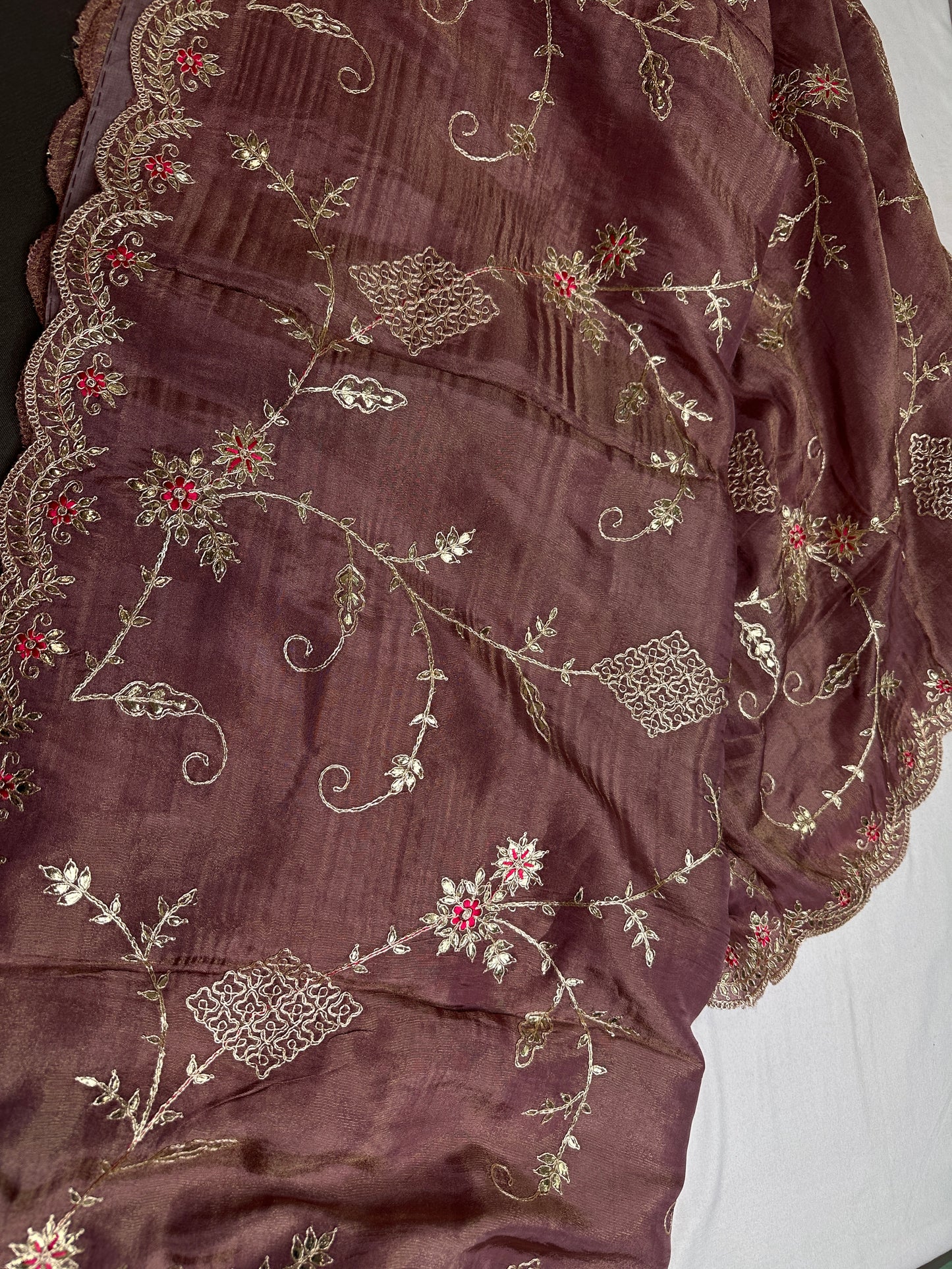 Designer Tissue Dusty Rose Embroidery Gottapatti Saree - 