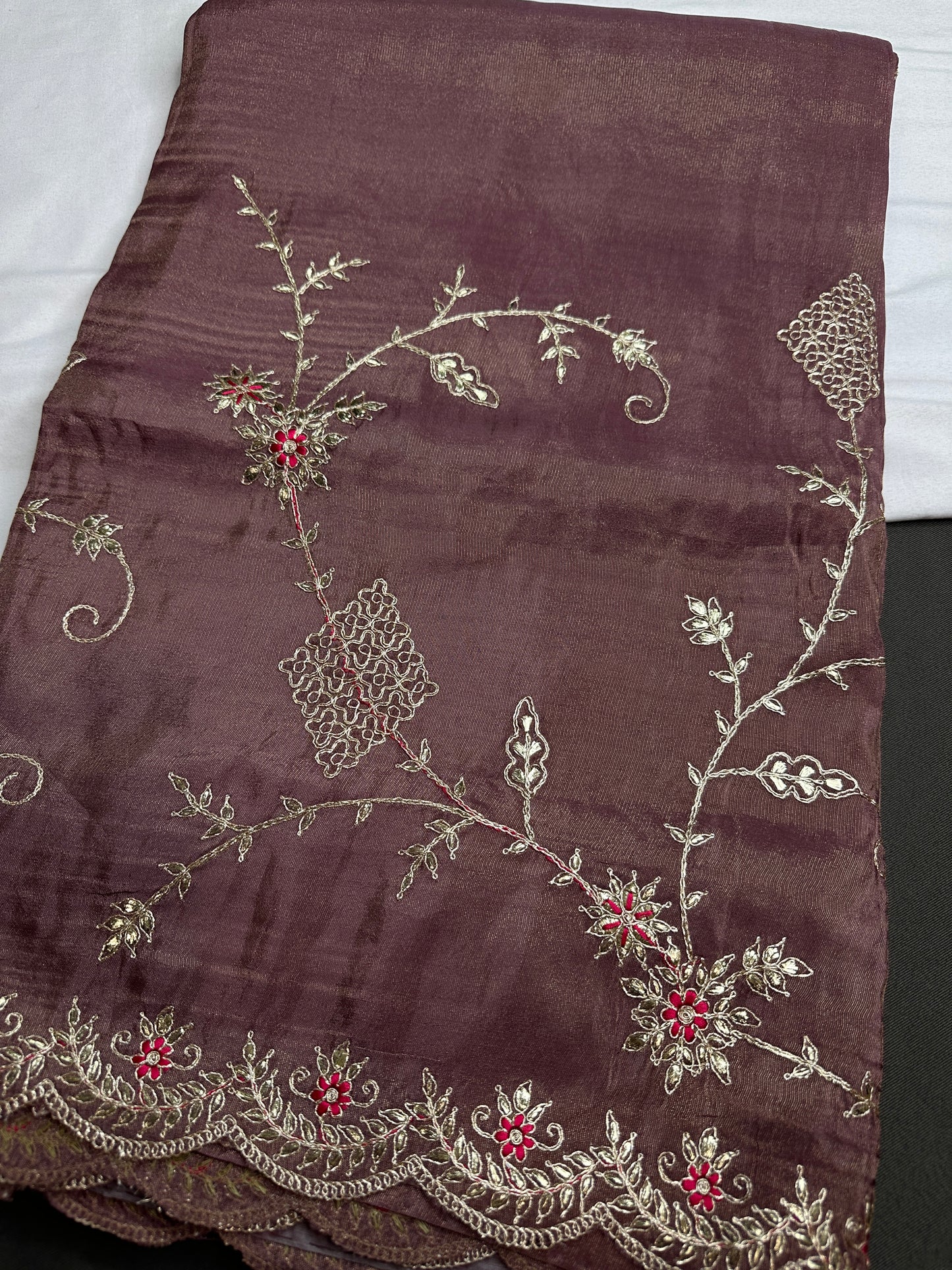 Designer Tissue Dusty Rose Embroidery Gottapatti Saree - 
