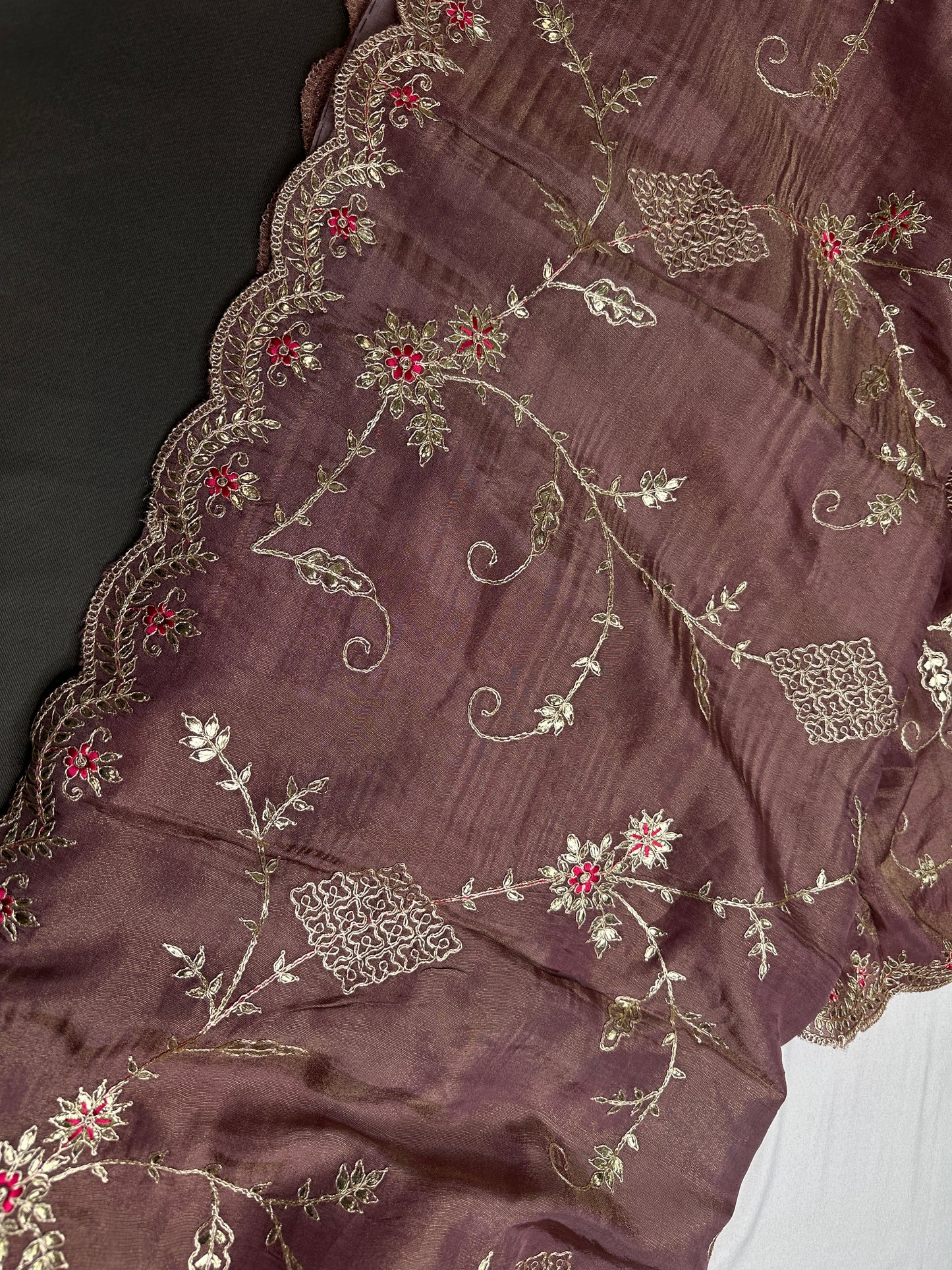 Designer Tissue Dusty Rose Embroidery Gottapatti Saree - 