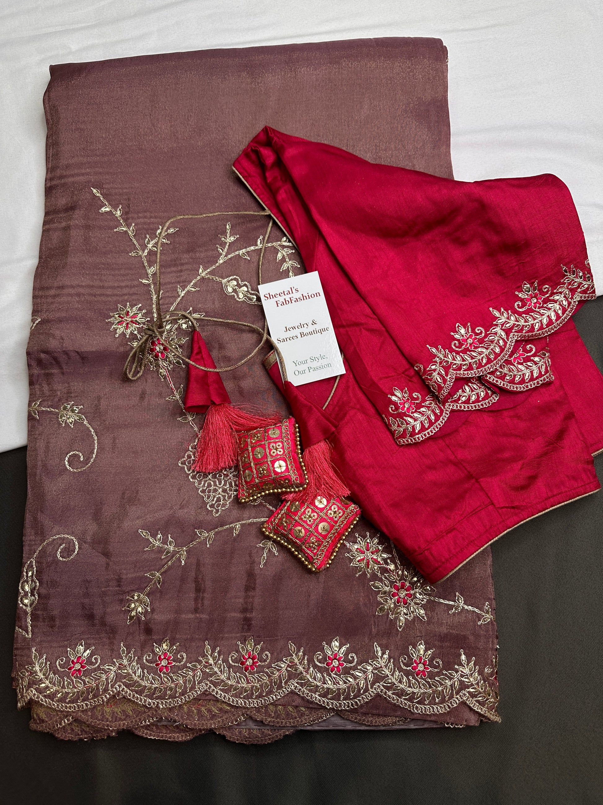 Designer Tissue Dusty Rose Embroidery Gottapatti Saree - 