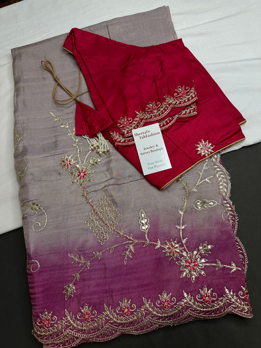 Designer Tissue Purple Pink Embroidery Gottapati Saree - 