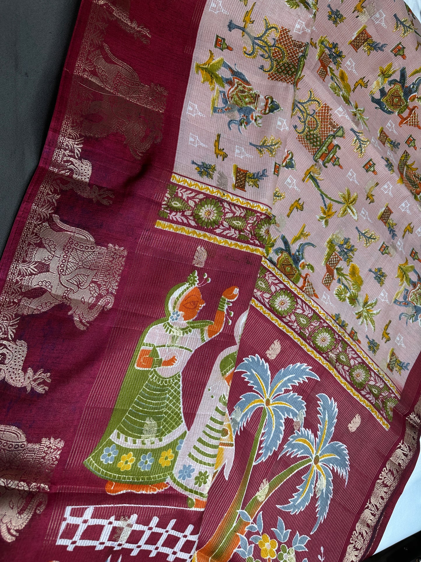 Kalamkari Cotton Silk Peach Maroon Saree - 