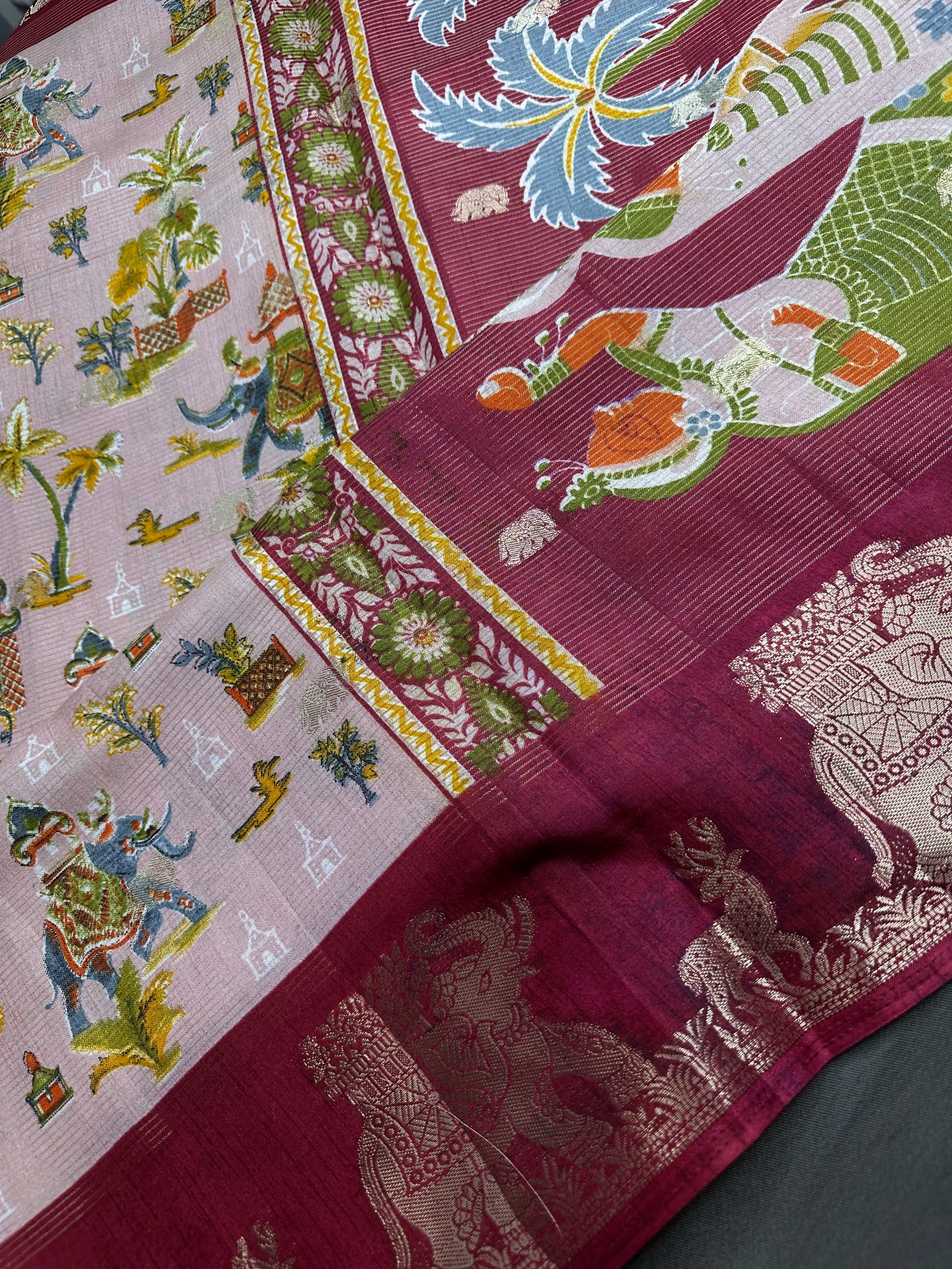 Kalamkari Cotton Silk Peach Maroon Saree - 