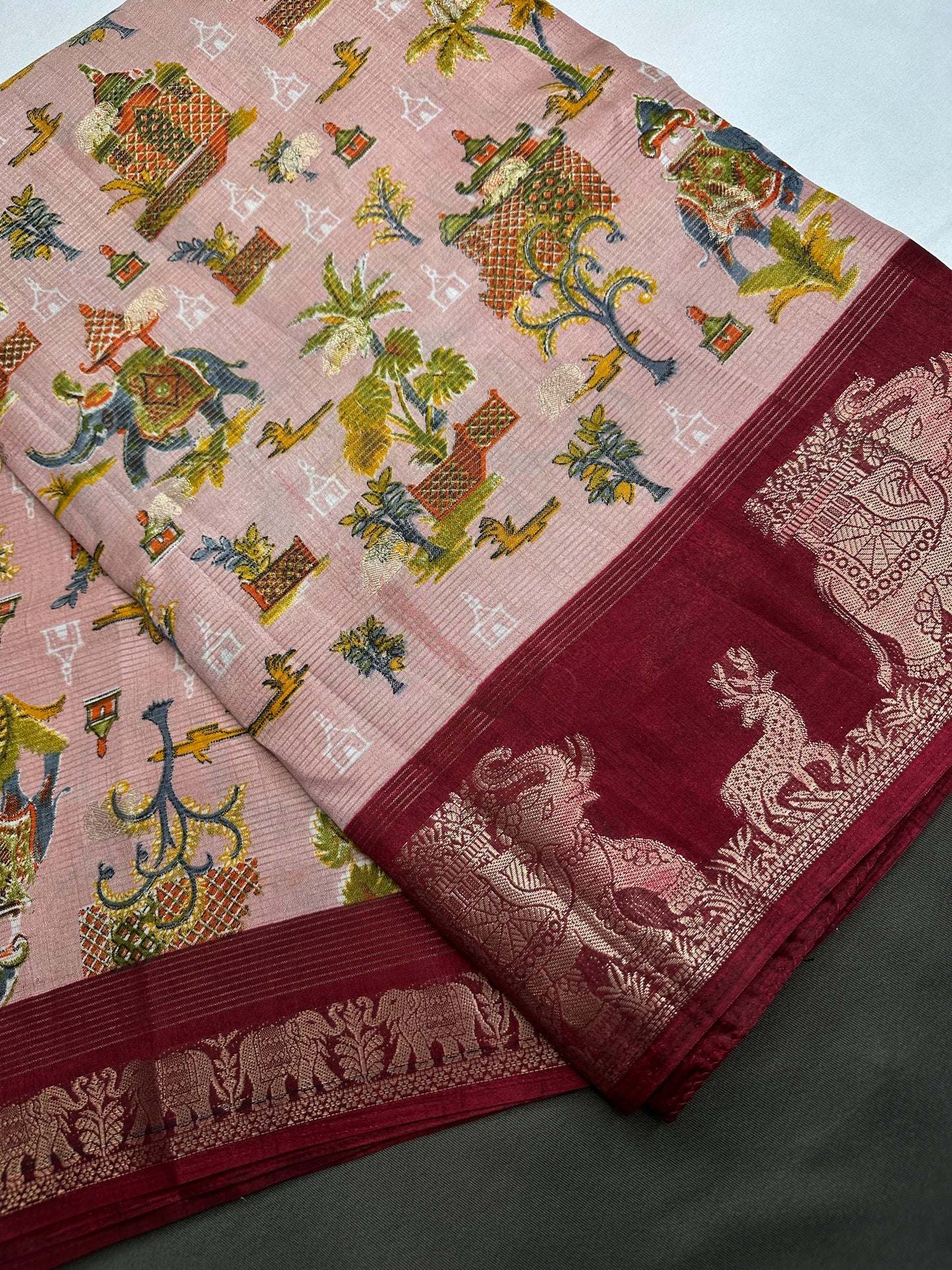 Kalamkari Cotton Silk Peach Maroon Saree - 