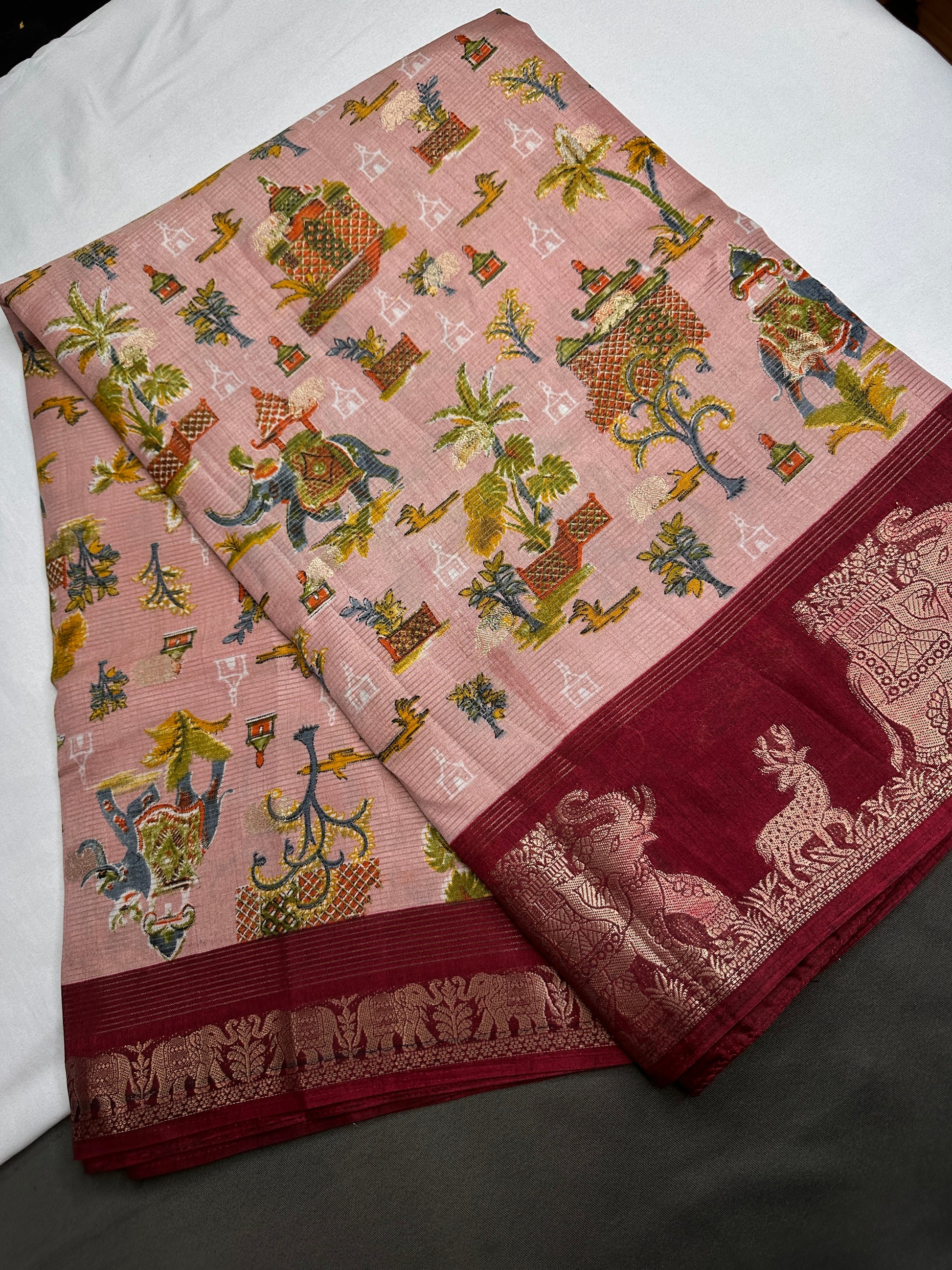 Kalamkari Cotton Silk Peach Maroon Saree - 