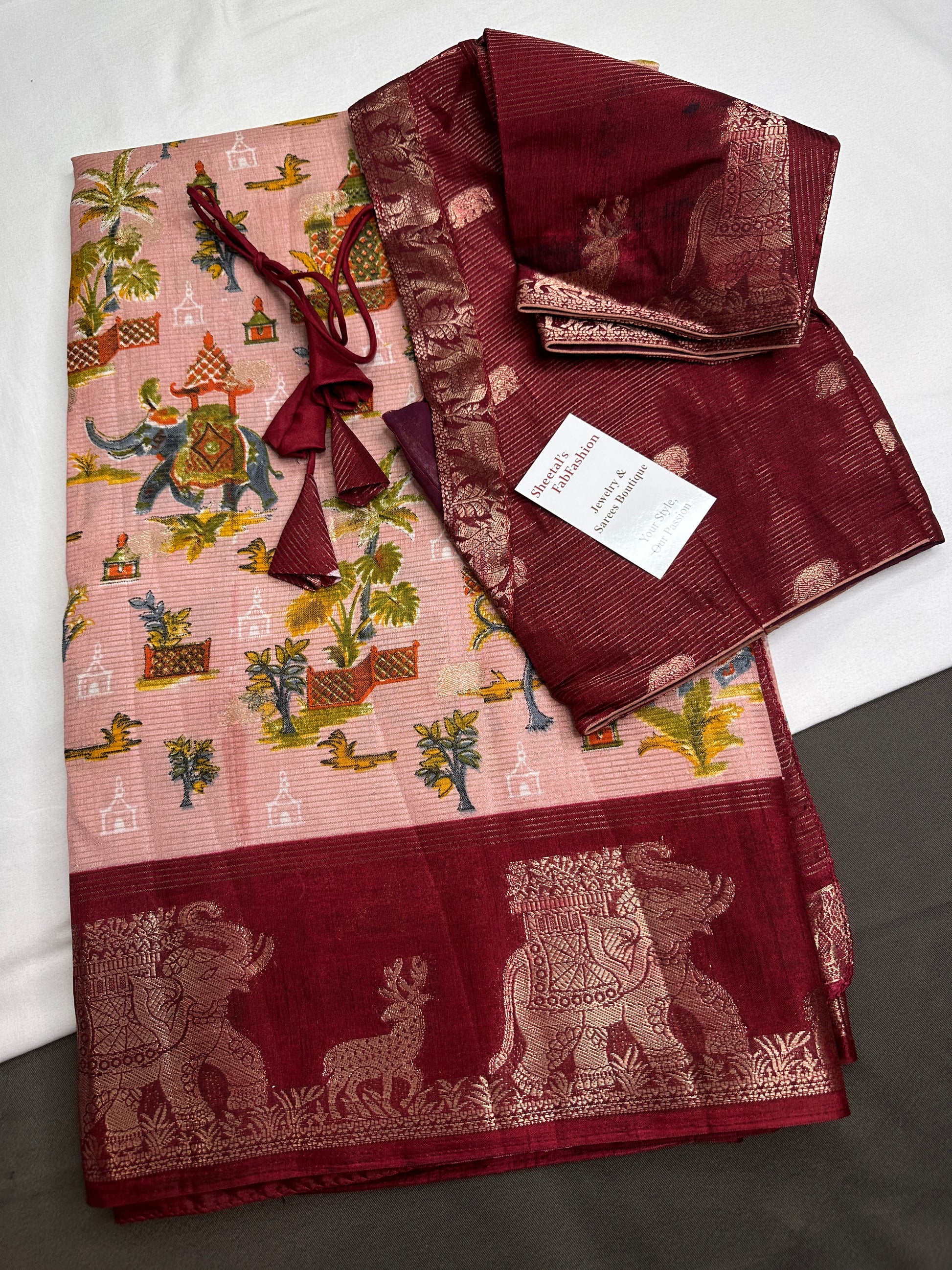 Kalamkari Cotton Silk Peach Maroon Saree - 