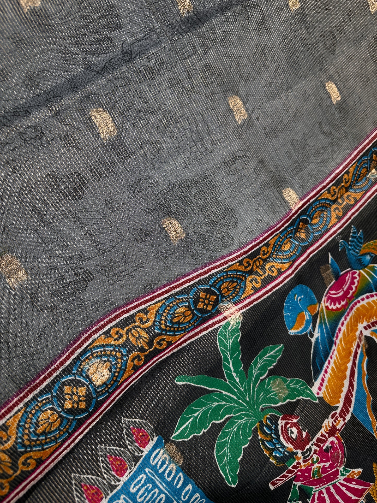 Kalamkari Cotton Silk Grey Black Saree - 