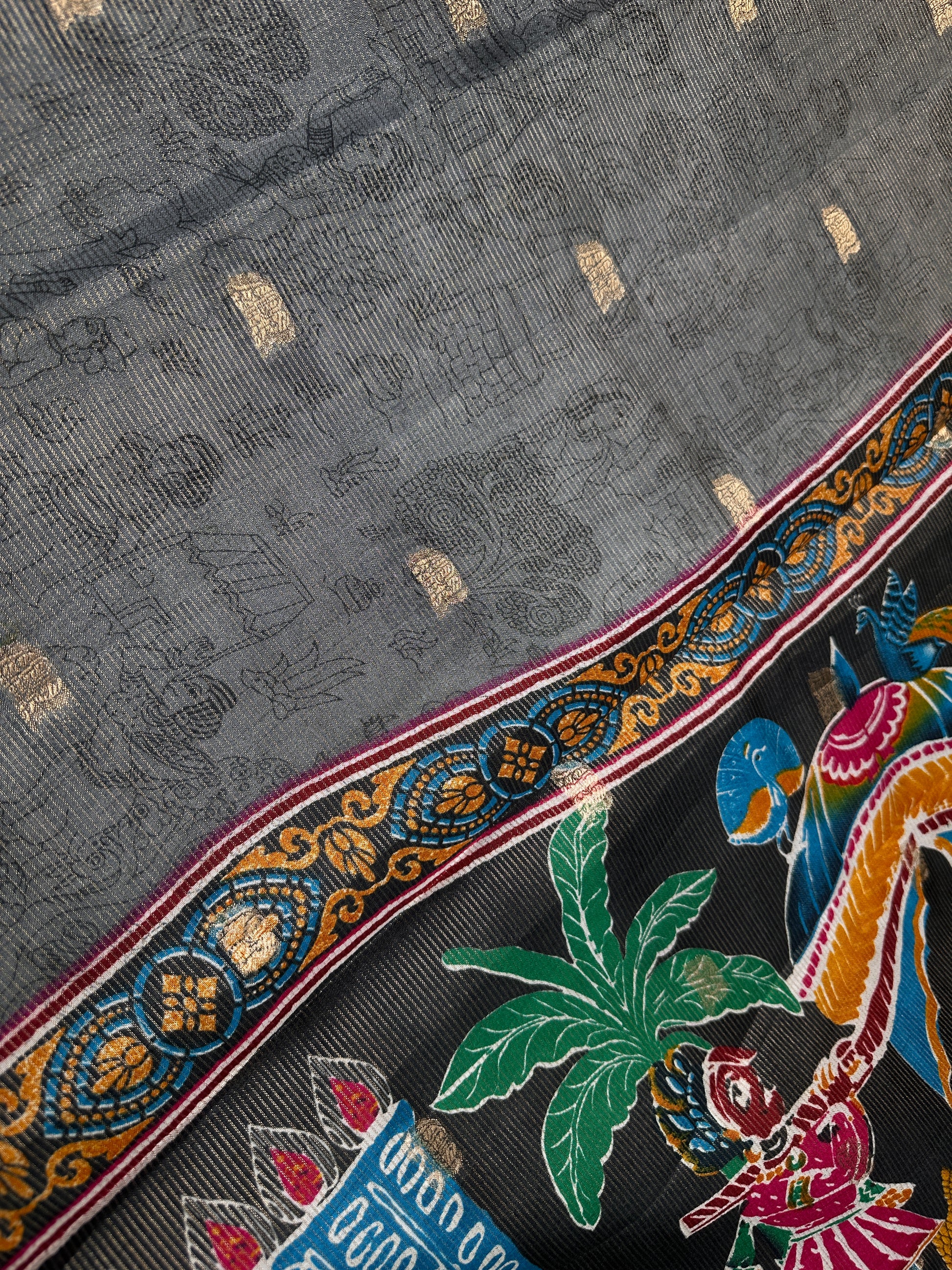 Kalamkari Cotton Silk Grey Black Saree - 