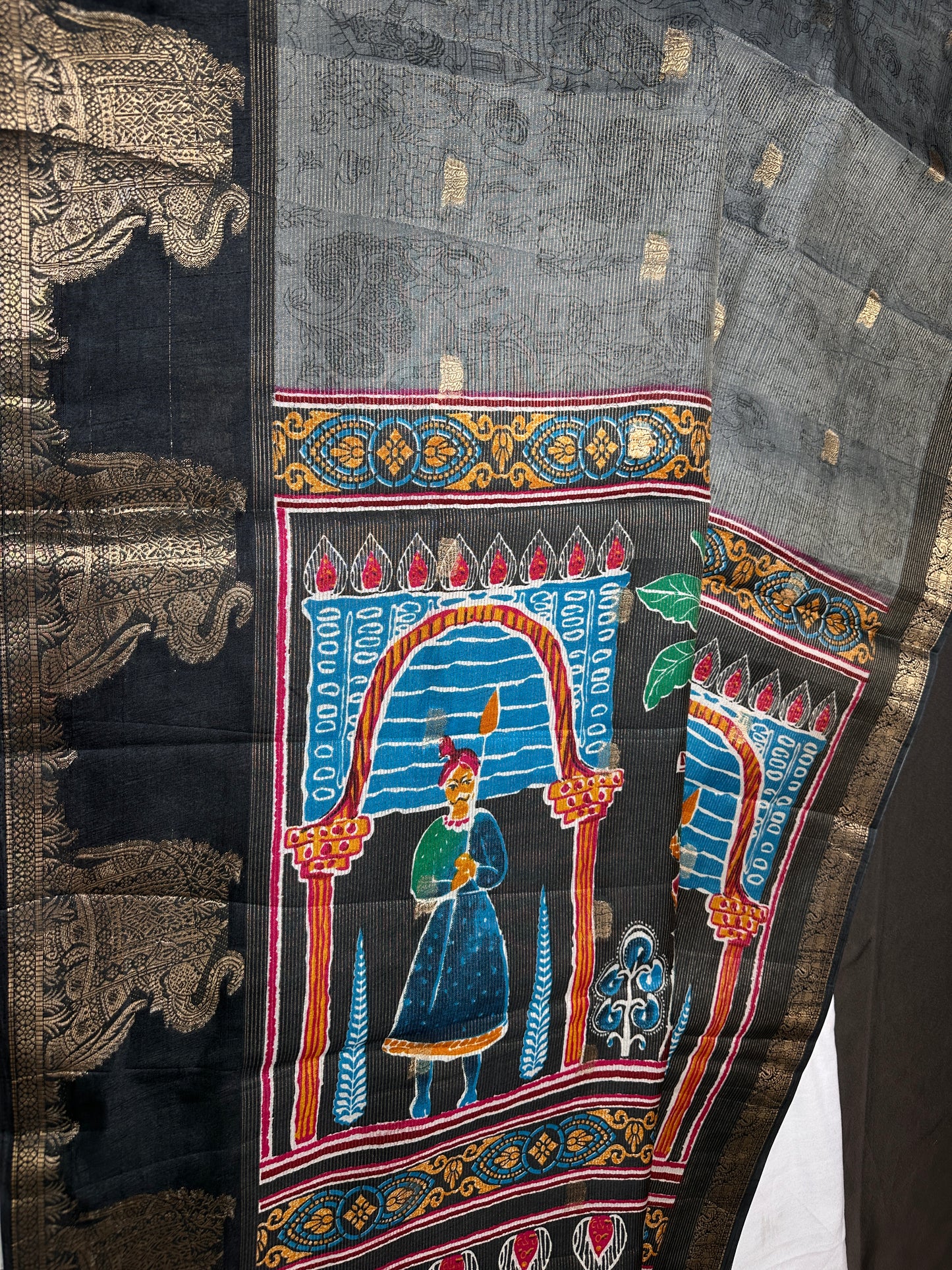 Kalamkari Cotton Silk Grey Black Saree - 
