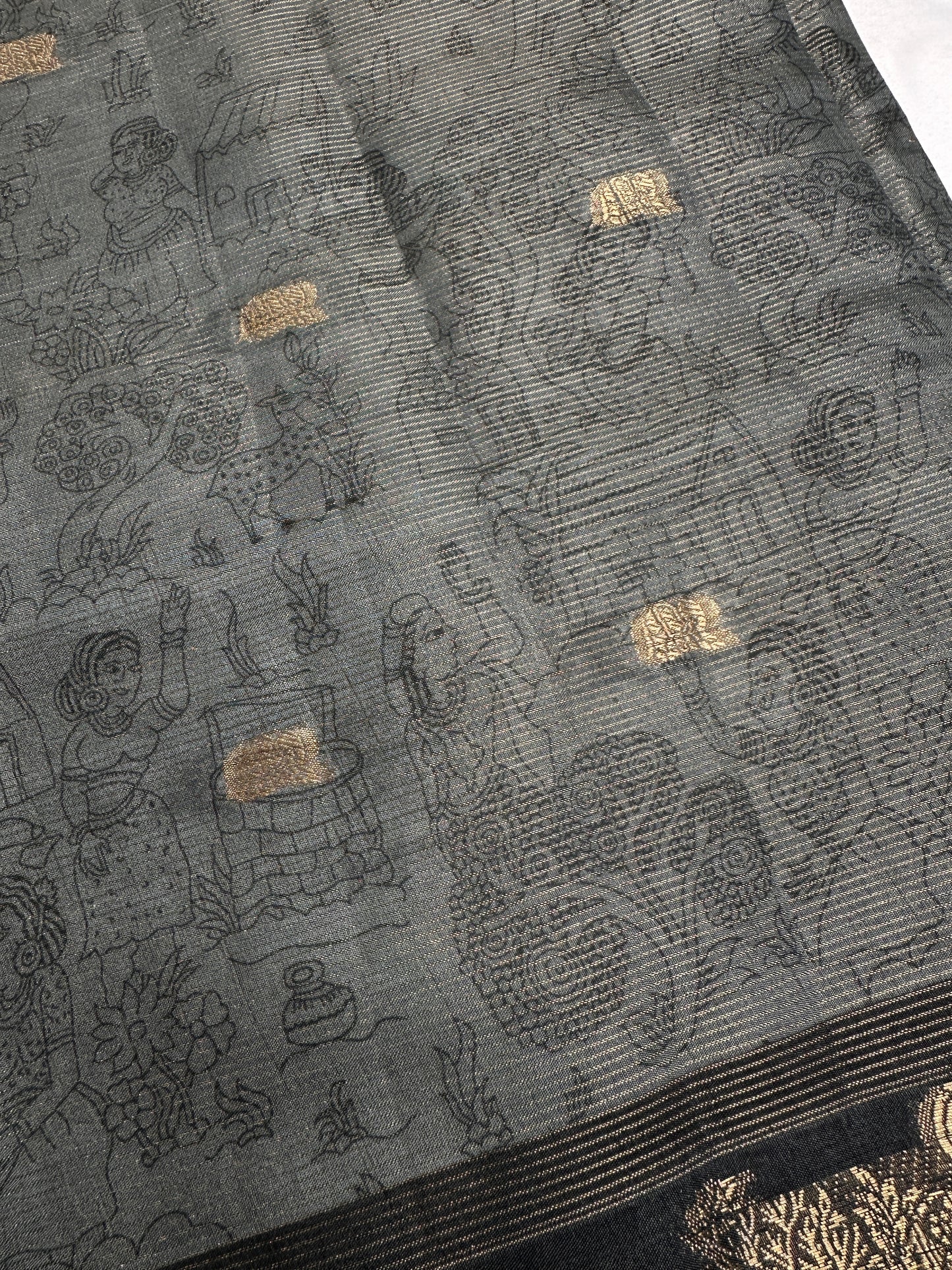Kalamkari Cotton Silk Grey Black Saree - 