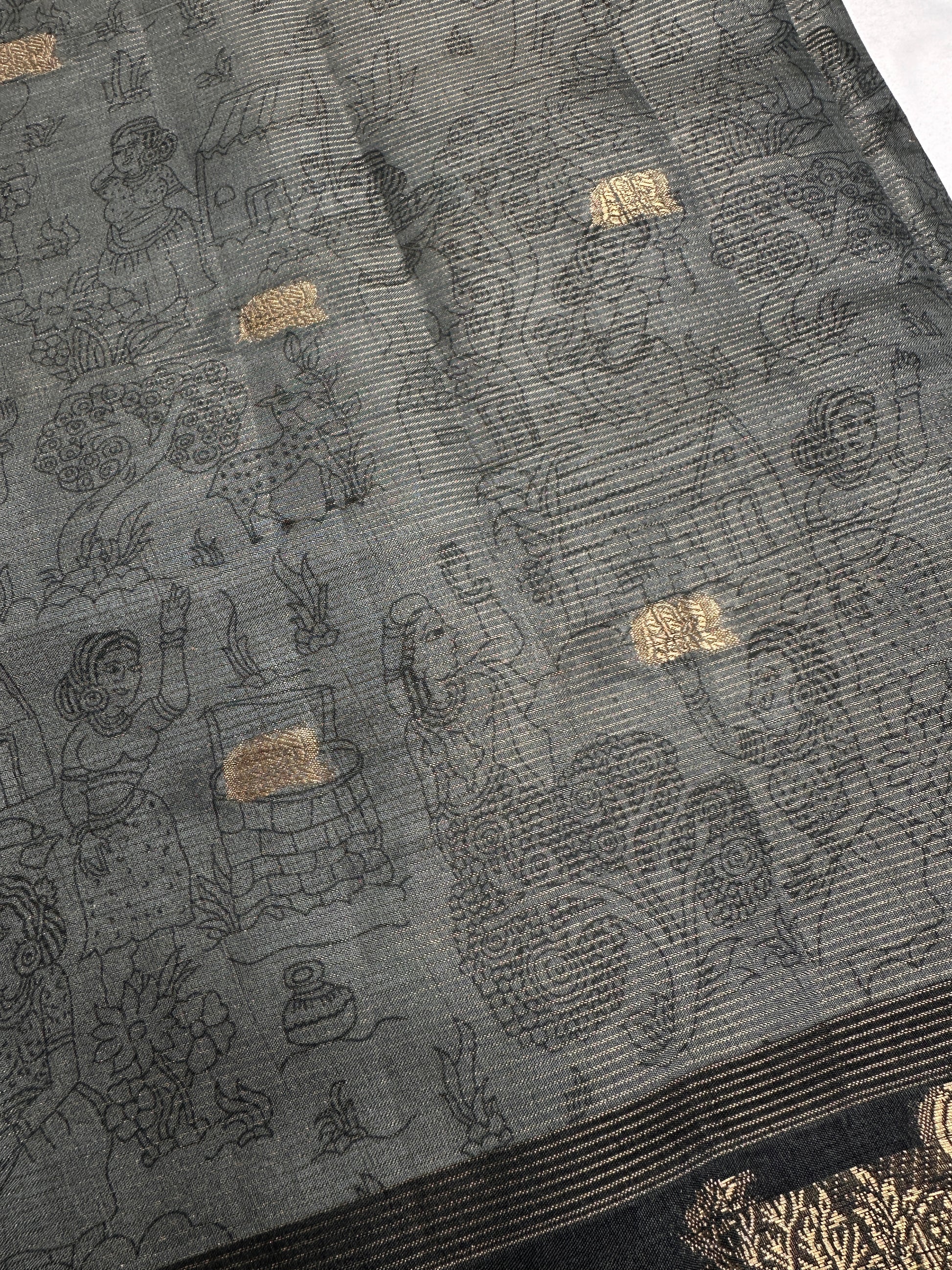 Kalamkari Cotton Silk Grey Black Saree - 