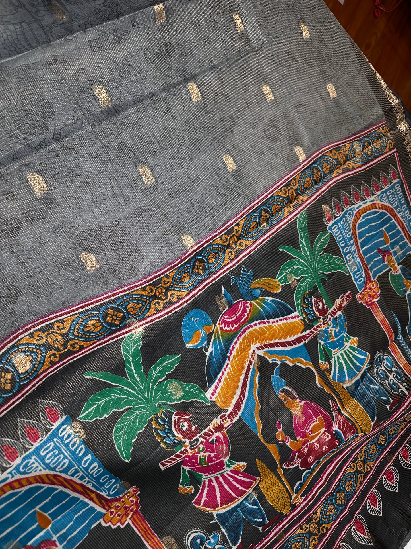Kalamkari Cotton Silk Grey Black Saree - 